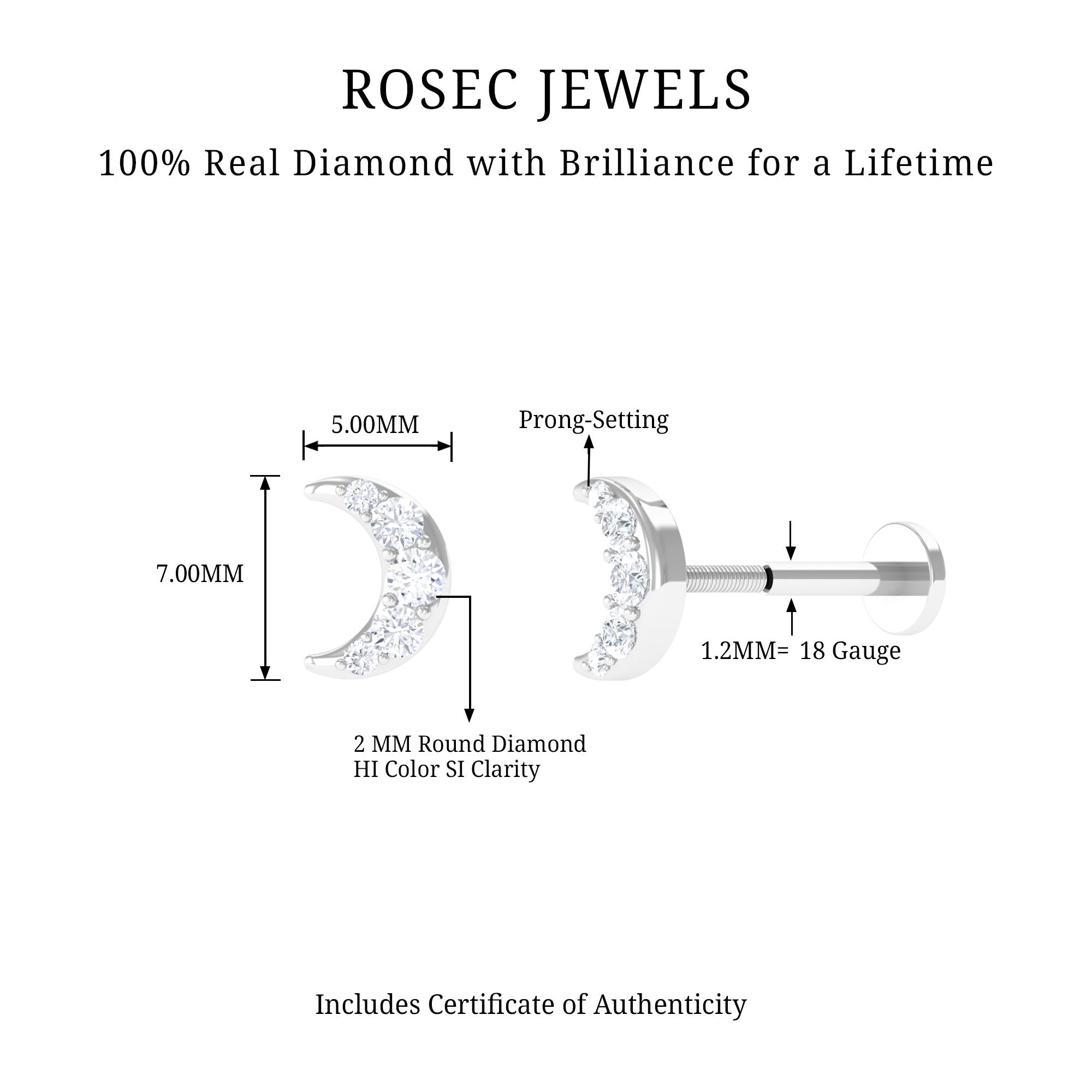 Round Cut Diamond Crescent Moon Cartilage Earring Lab - ( EF-VS ) - Rosec Jewels