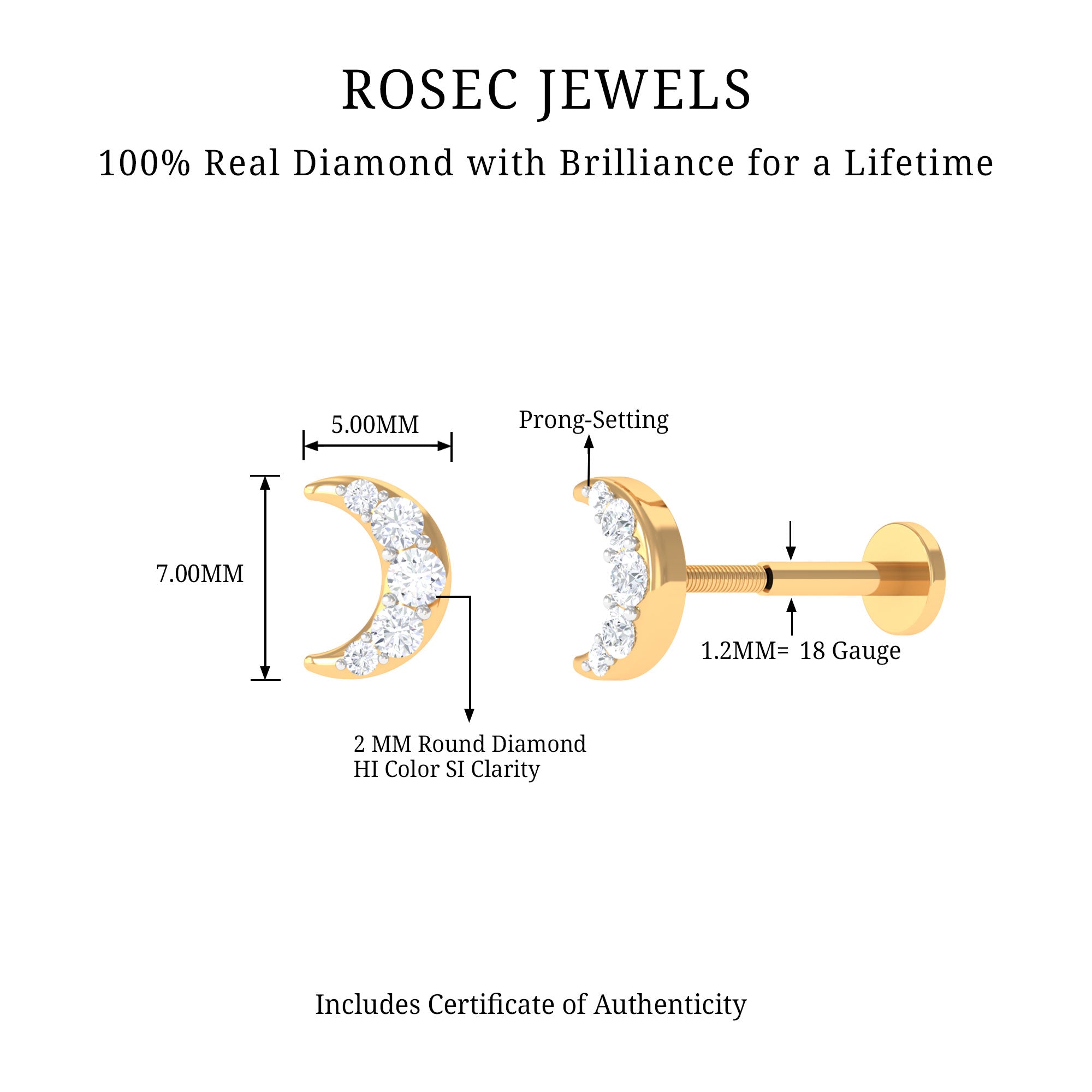 Round Cut Diamond Crescent Moon Cartilage Earring Lab - ( EF-VS ) - Rosec Jewels