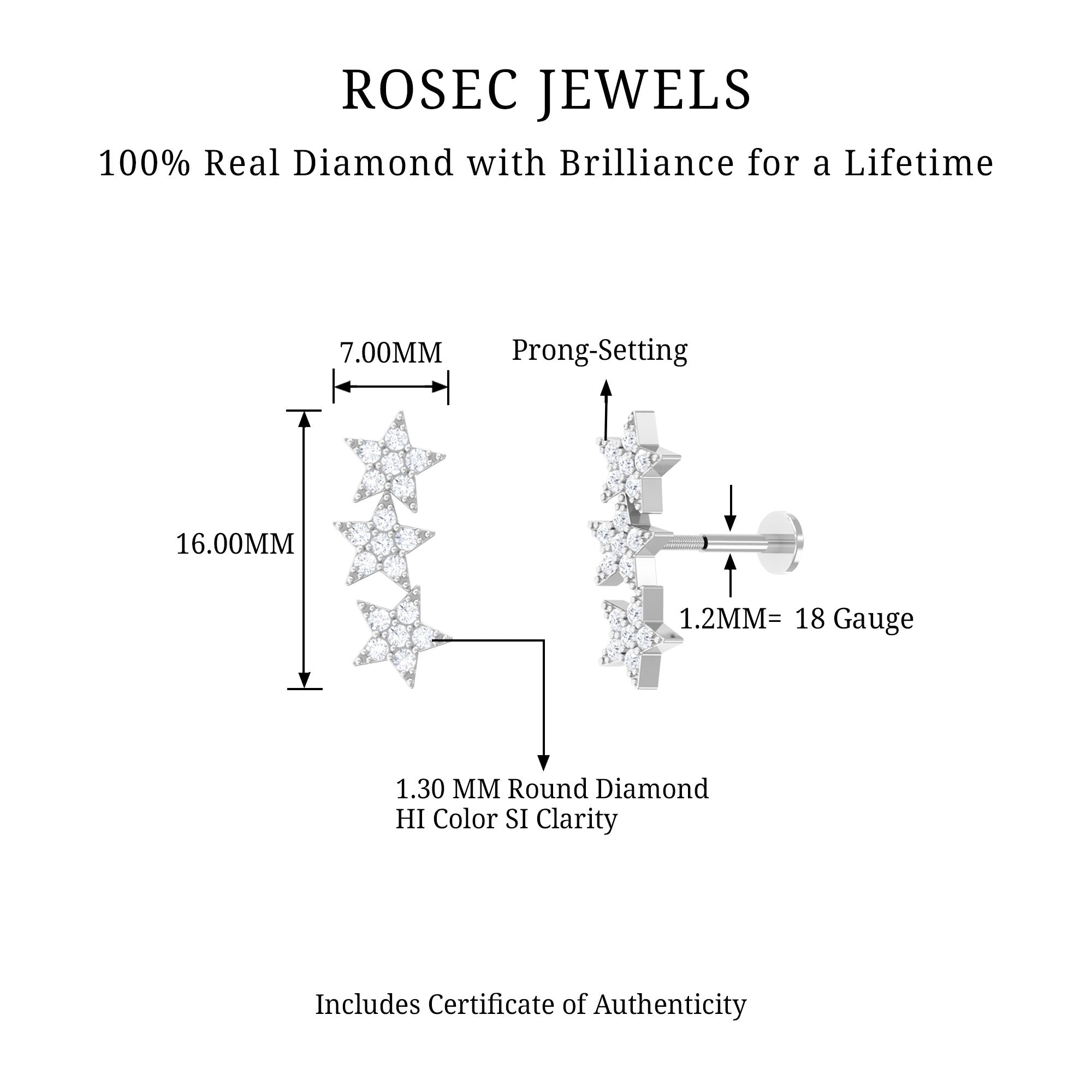 Diamond 3 Star Crawler Earring for Cartilage Piercing Lab - ( EF-VS ) - Rosec Jewels