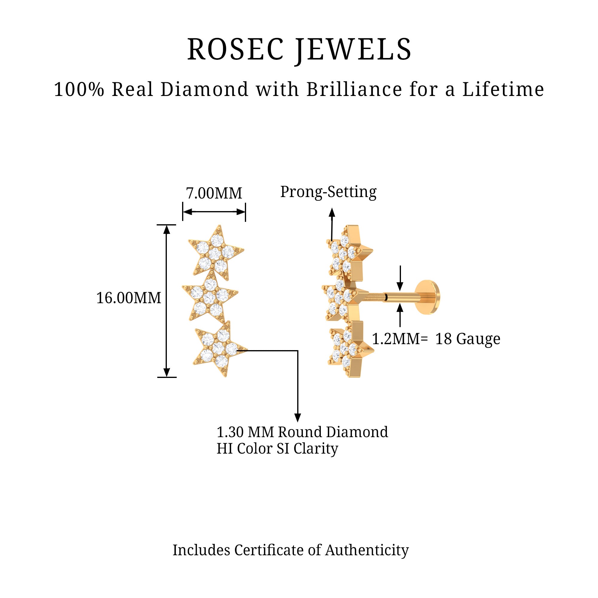Diamond 3 Star Crawler Earring for Cartilage Piercing Lab - ( EF-VS ) - Rosec Jewels