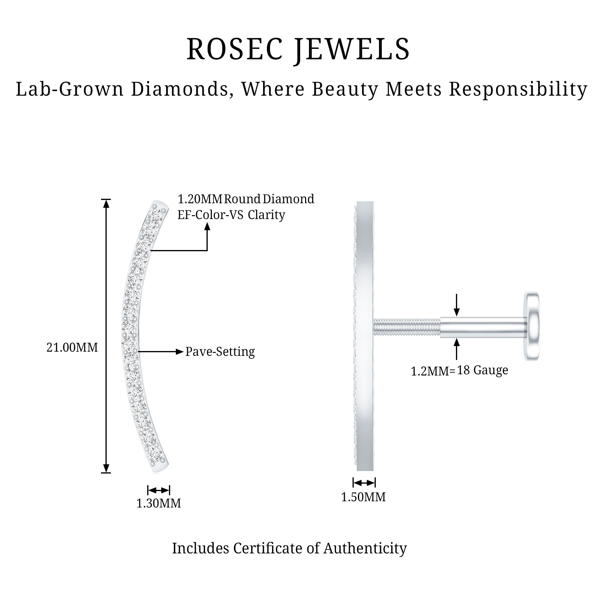 Pave Set Diamond Curved Bar Earring for Cartilage Piercing Lab - ( EF-VS ) - Rosec Jewels