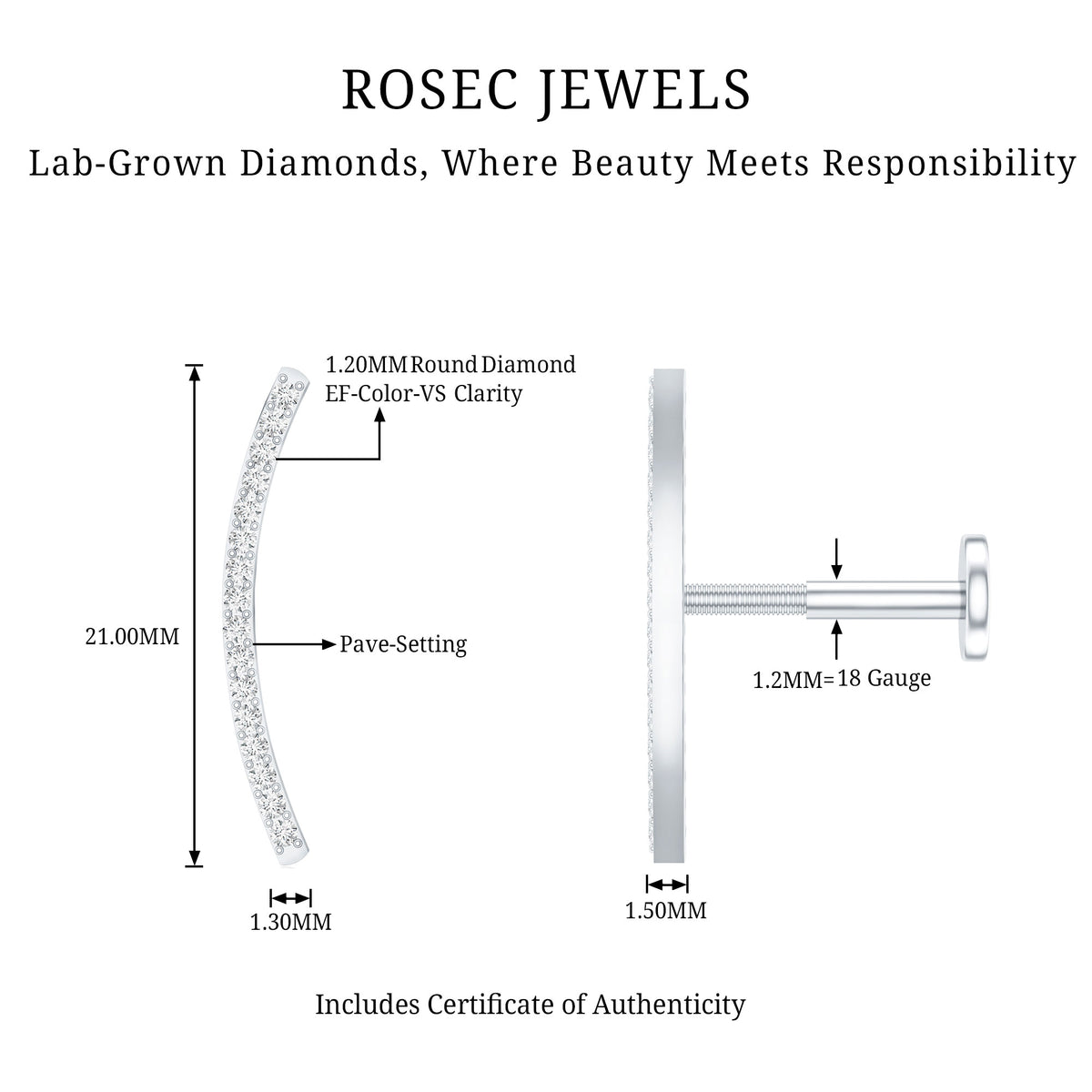Pave Set Diamond Curved Bar Earring for Cartilage Piercing Lab - ( EF-VS ) - Rosec Jewels