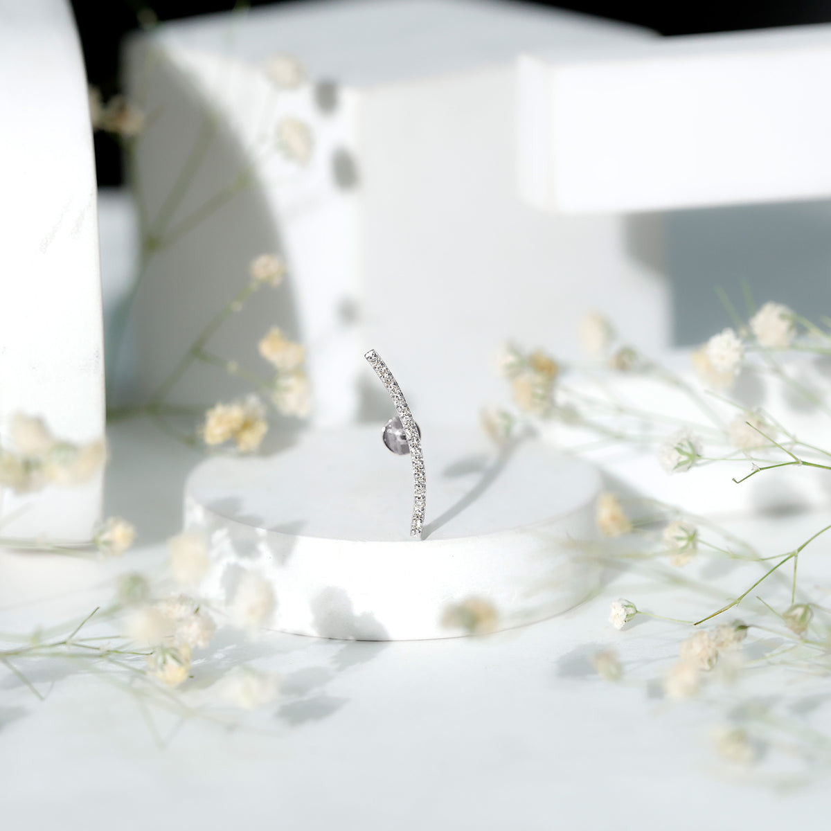 Pave Set Diamond Curved Bar Earring for Cartilage Piercing Lab - ( EF-VS ) - Rosec Jewels