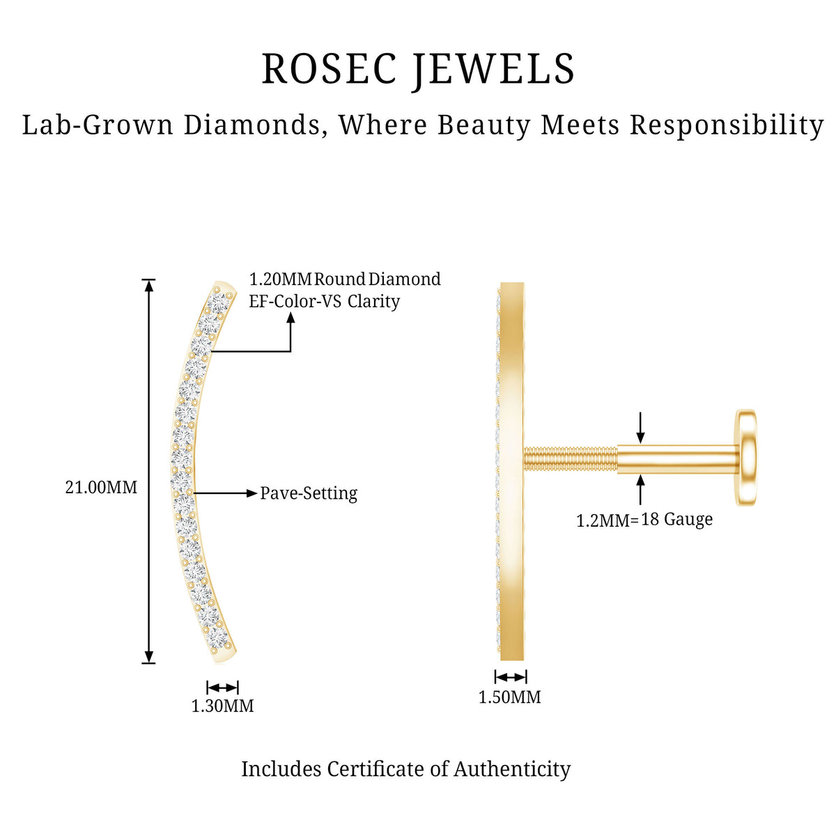 Pave Set Diamond Curved Bar Earring for Cartilage Piercing Lab - ( EF-VS ) - Rosec Jewels