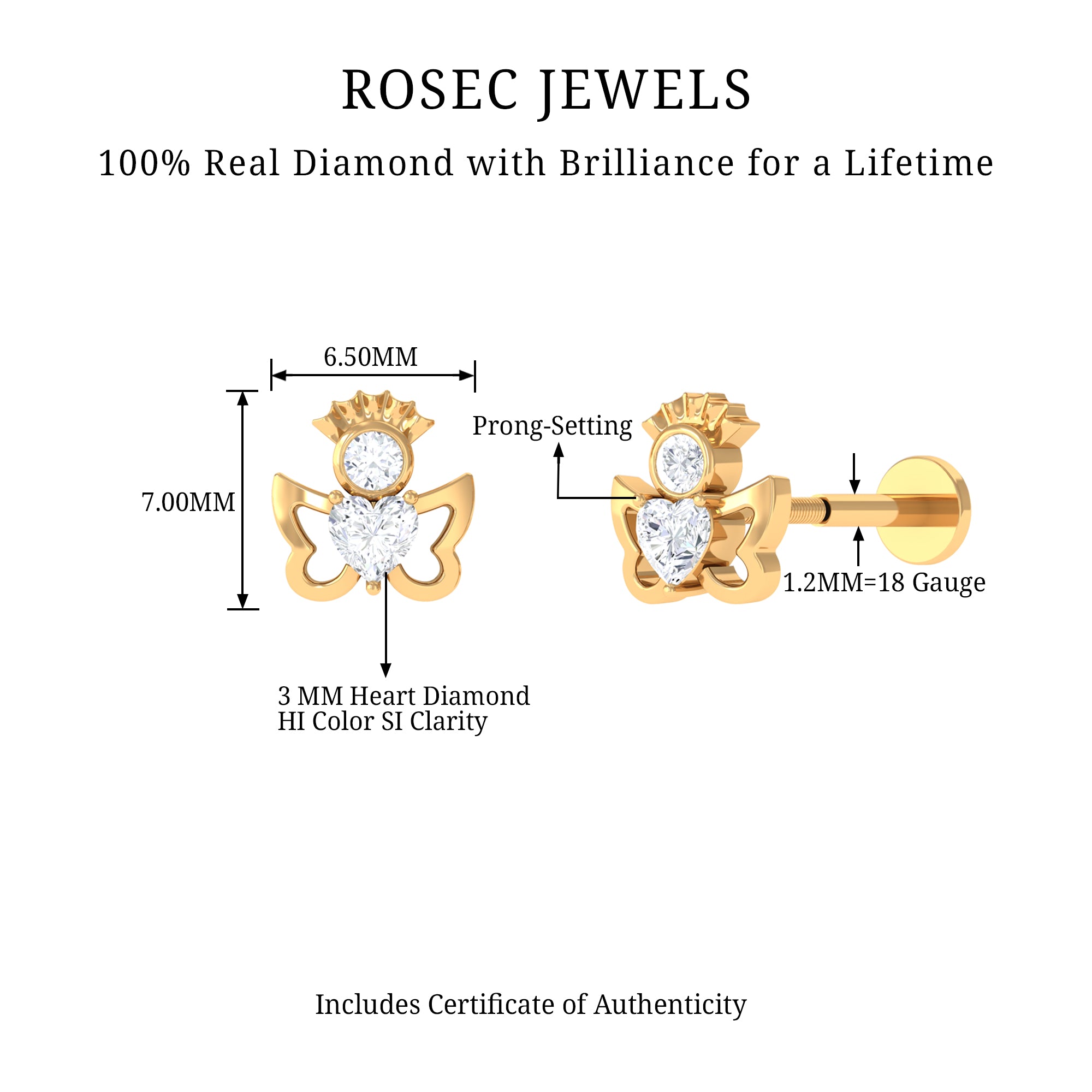 Heart Diamond Angel Earring for Helix Piercing Lab - ( EF-VS ) - Rosec Jewels