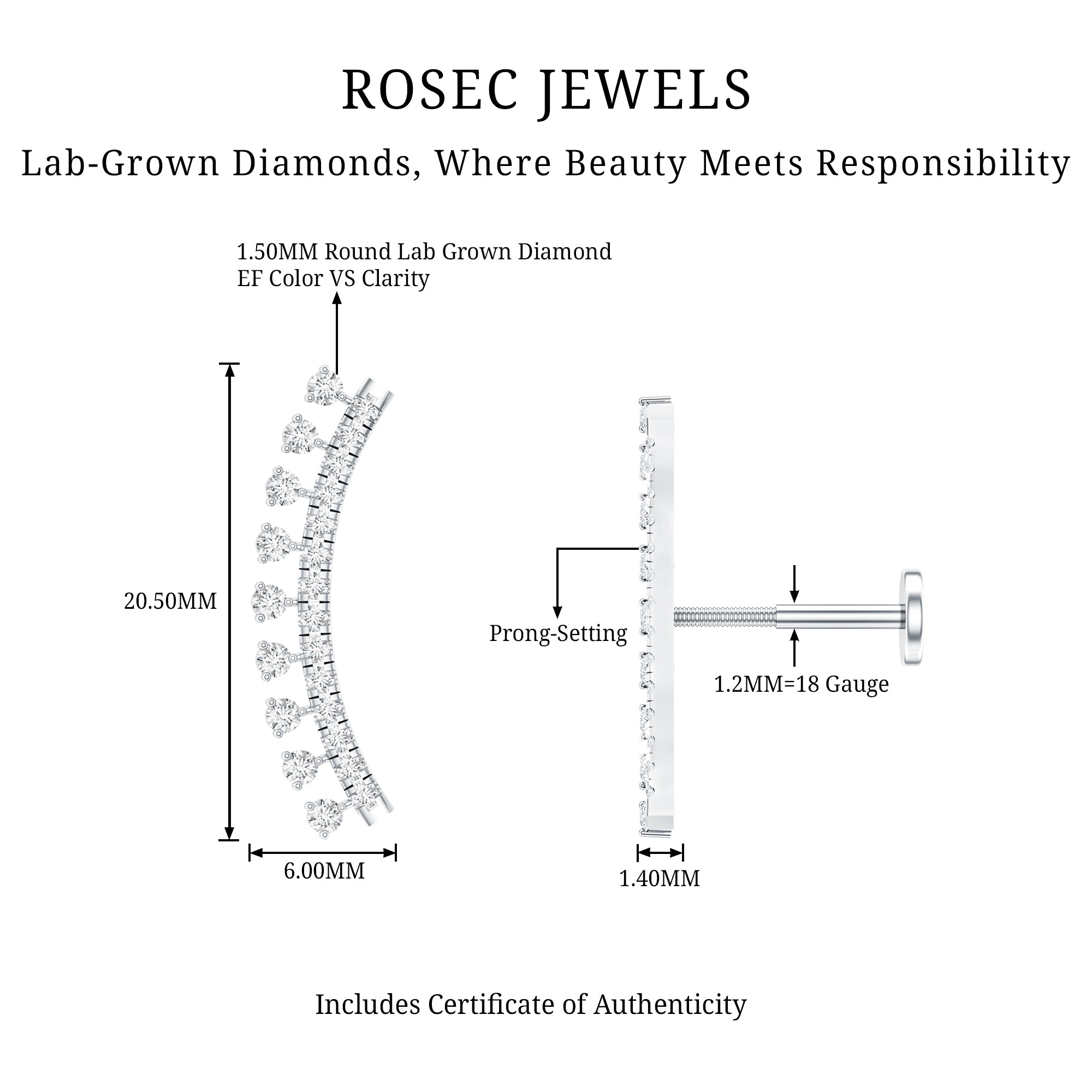 Minimal Diamond Crawler Earring for Cartilage Piercing Lab - ( EF-VS ) - Rosec Jewels