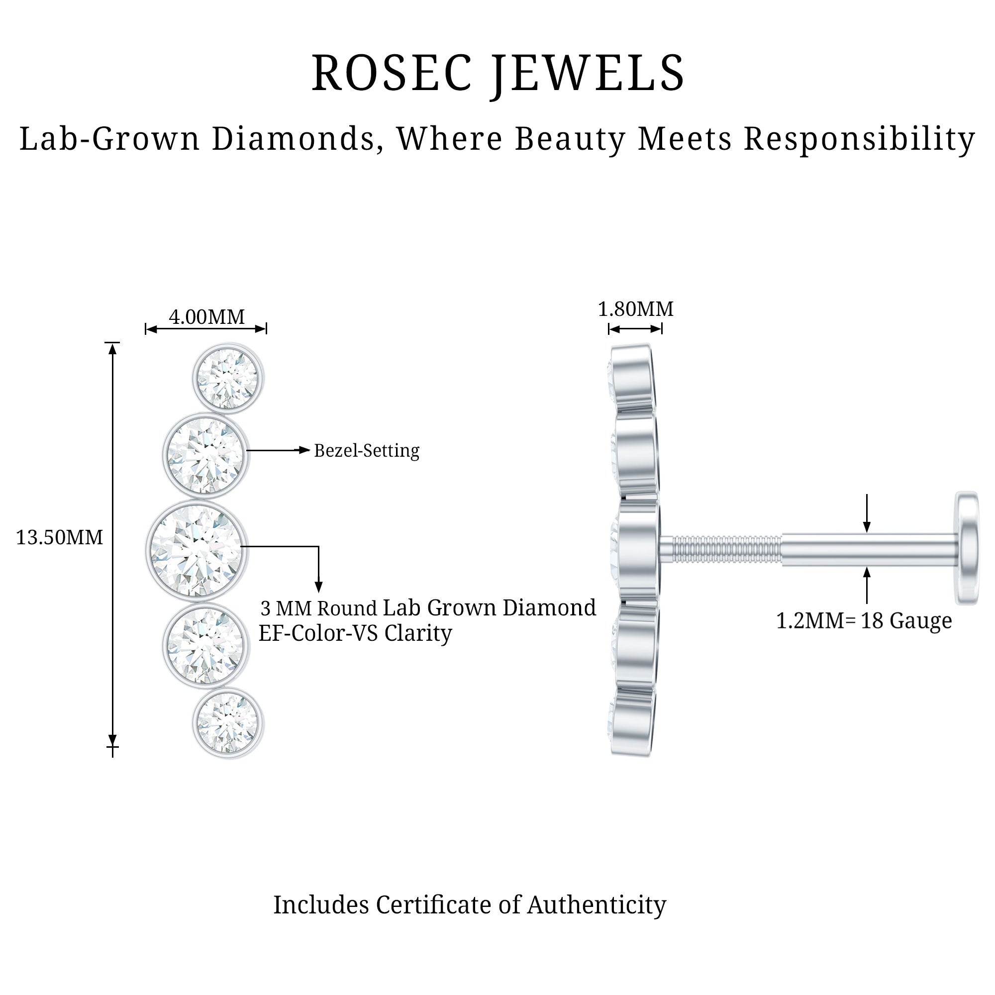 Graduated Style Diamond Crawler Earring for Helix Piercing Lab - ( EF-VS ) - Rosec Jewels