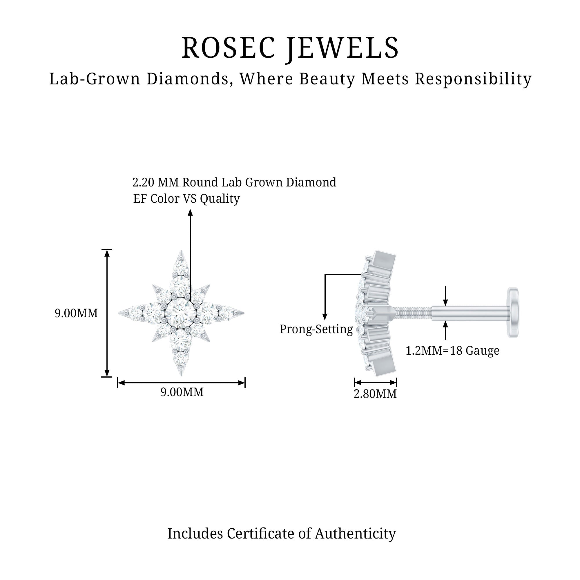 Sparkling Diamond Starburst Earring for Cartilage Piercing Lab - ( EF-VS ) - Rosec Jewels