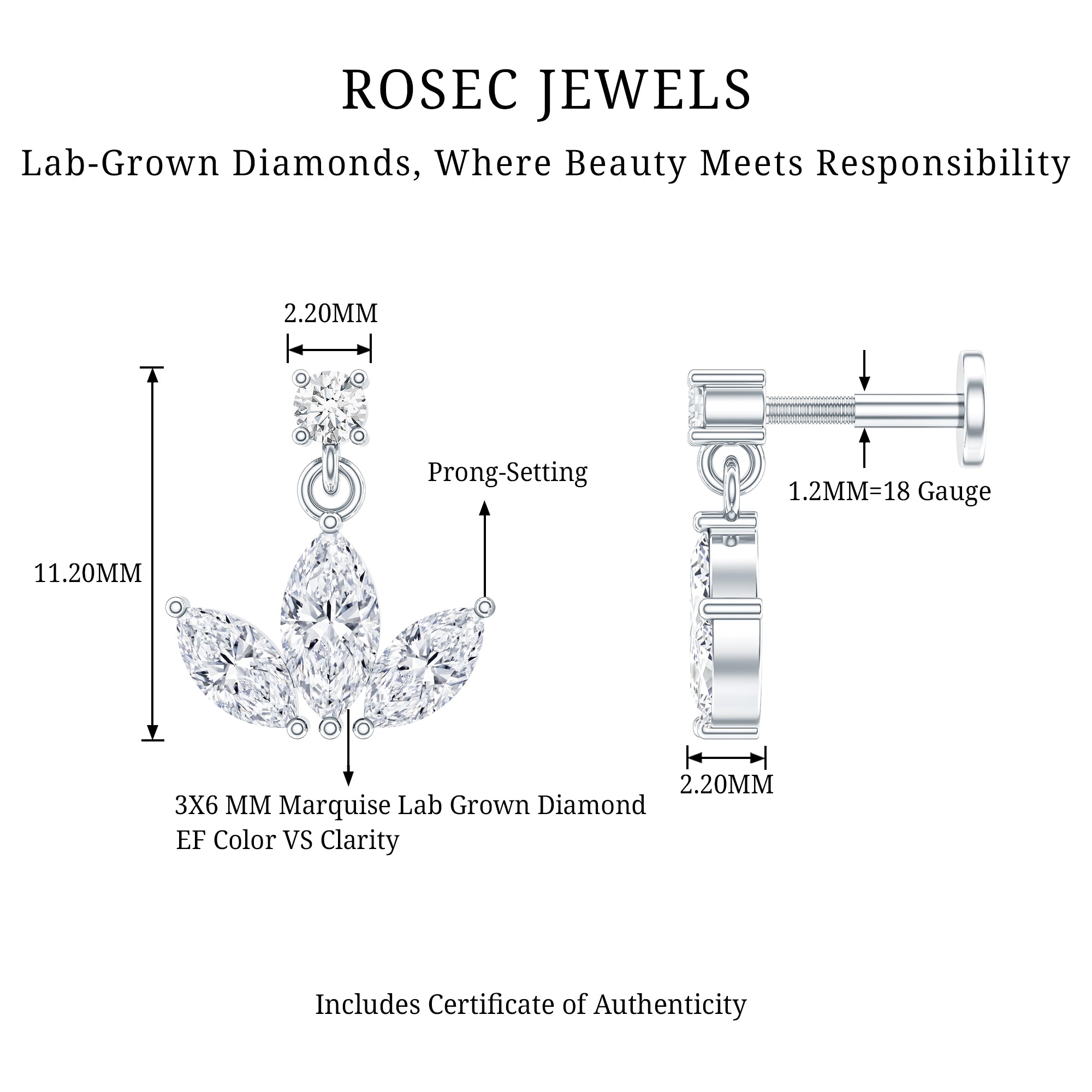 Marquise Diamond Lotus Cartilage Drop Earring Lab - ( EF-VS ) - Rosec Jewels