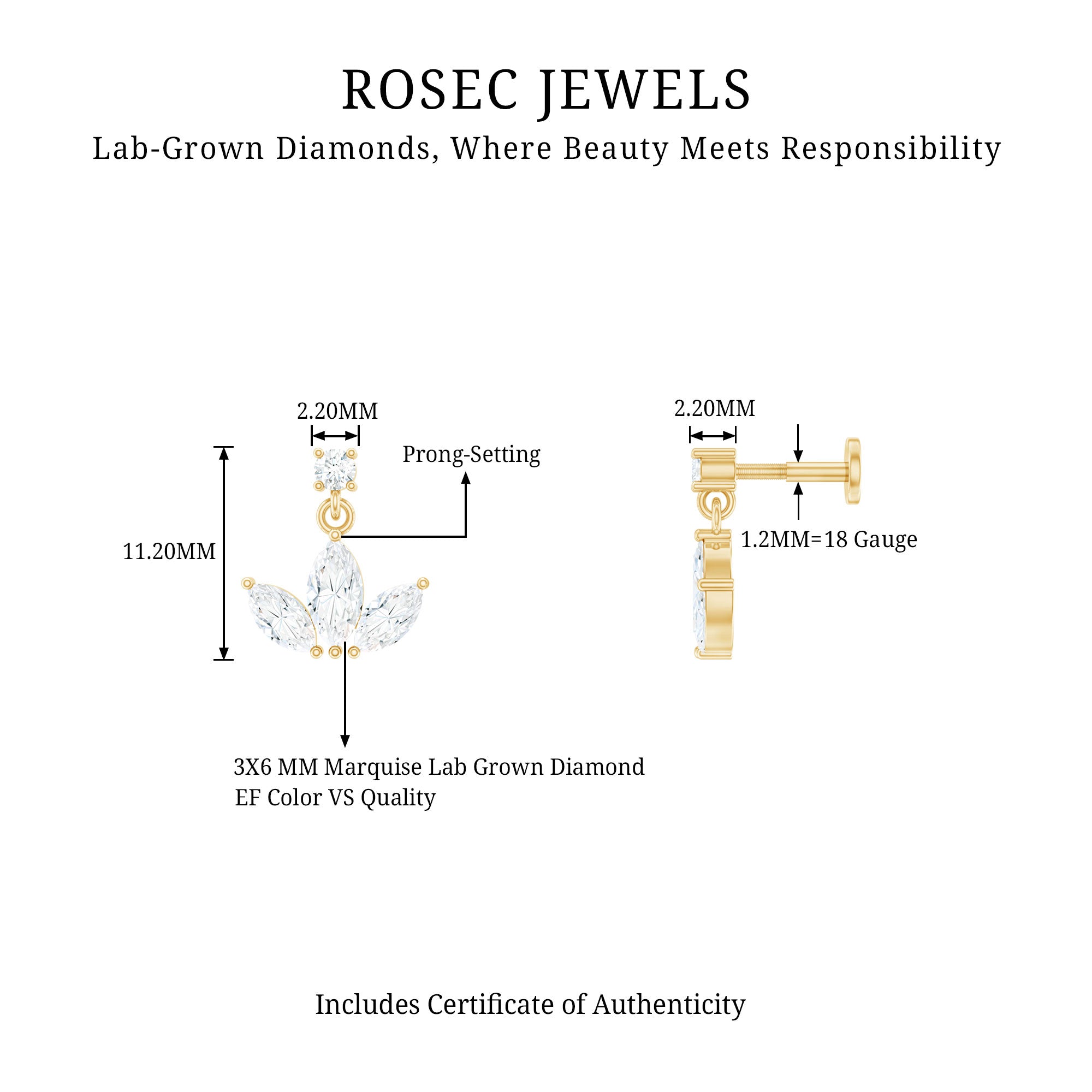 Marquise Diamond Lotus Cartilage Drop Earring Lab - ( EF-VS ) - Rosec Jewels