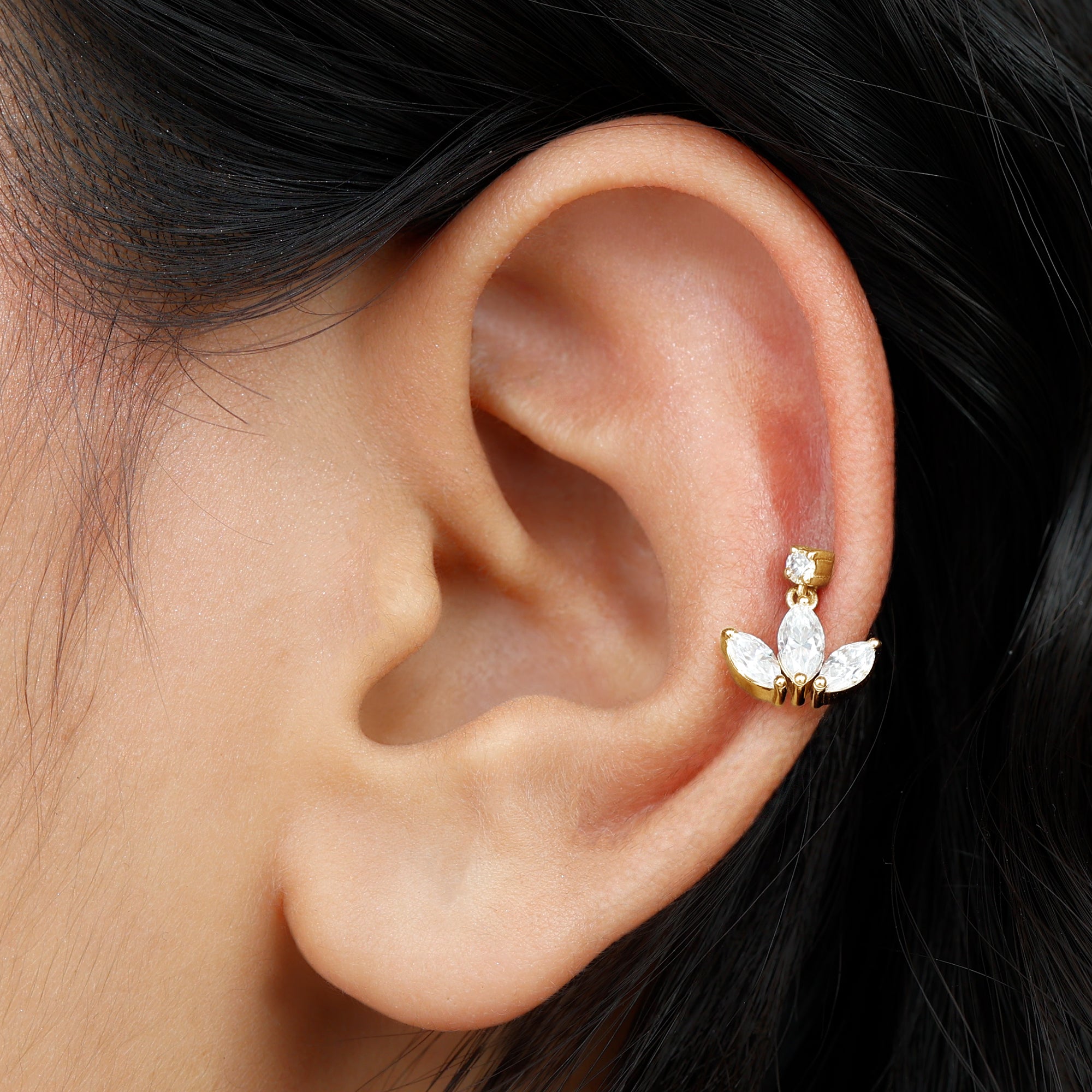 Marquise Diamond Lotus Cartilage Drop Earring Lab - ( EF-VS ) - Rosec Jewels