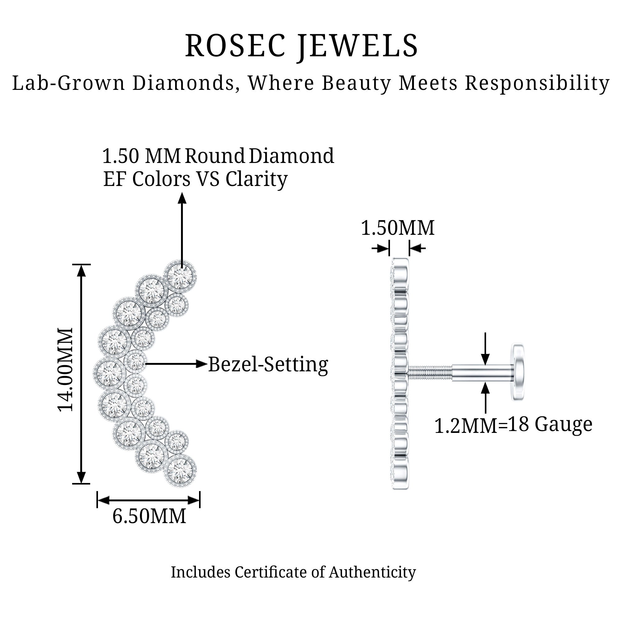 Diamond Curved Crawler Earring in Bezel Set Lab - ( EF-VS ) - Rosec Jewels