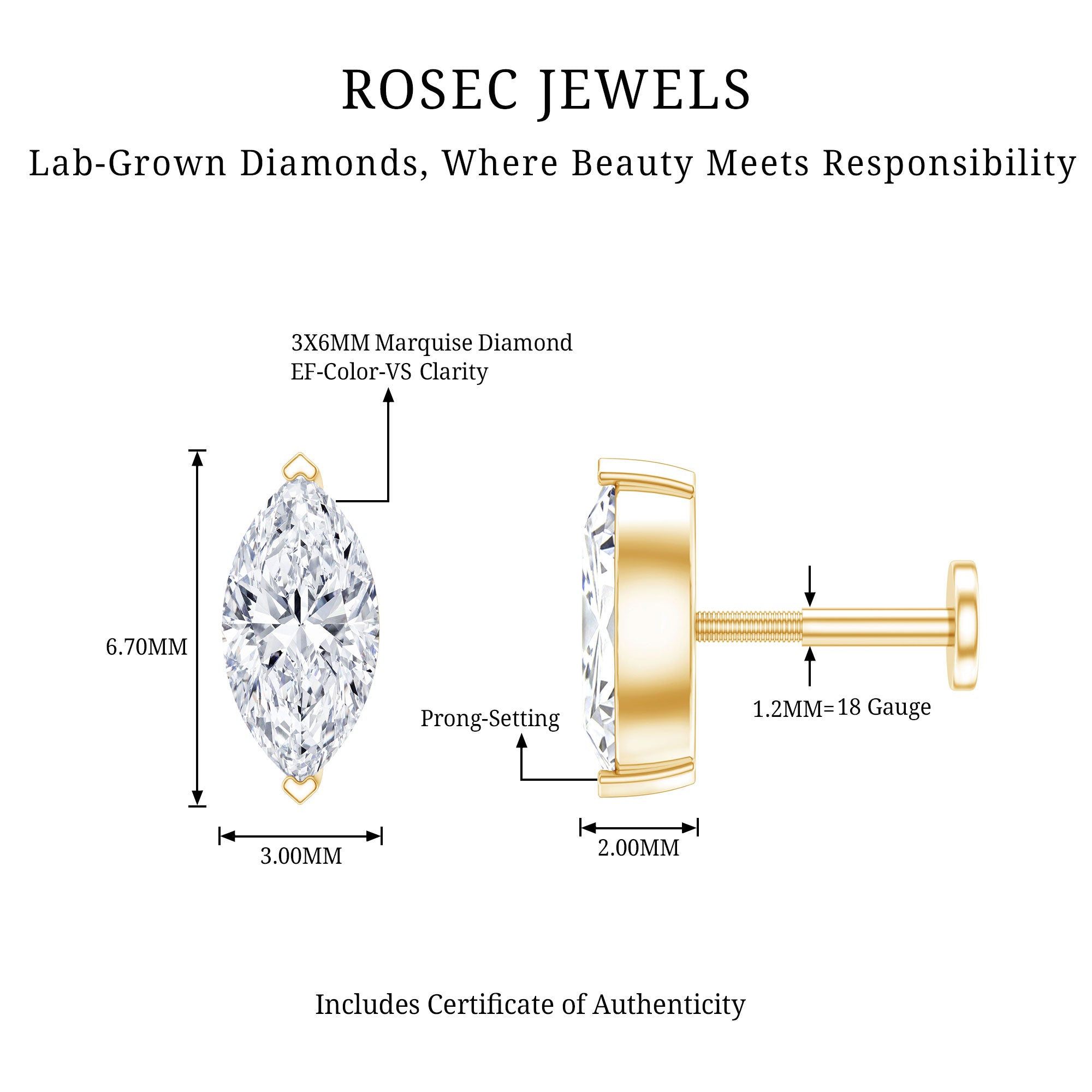 Marquise Diamond Solitaire Earring for Helix Piercing Lab - ( EF-VS ) - Rosec Jewels