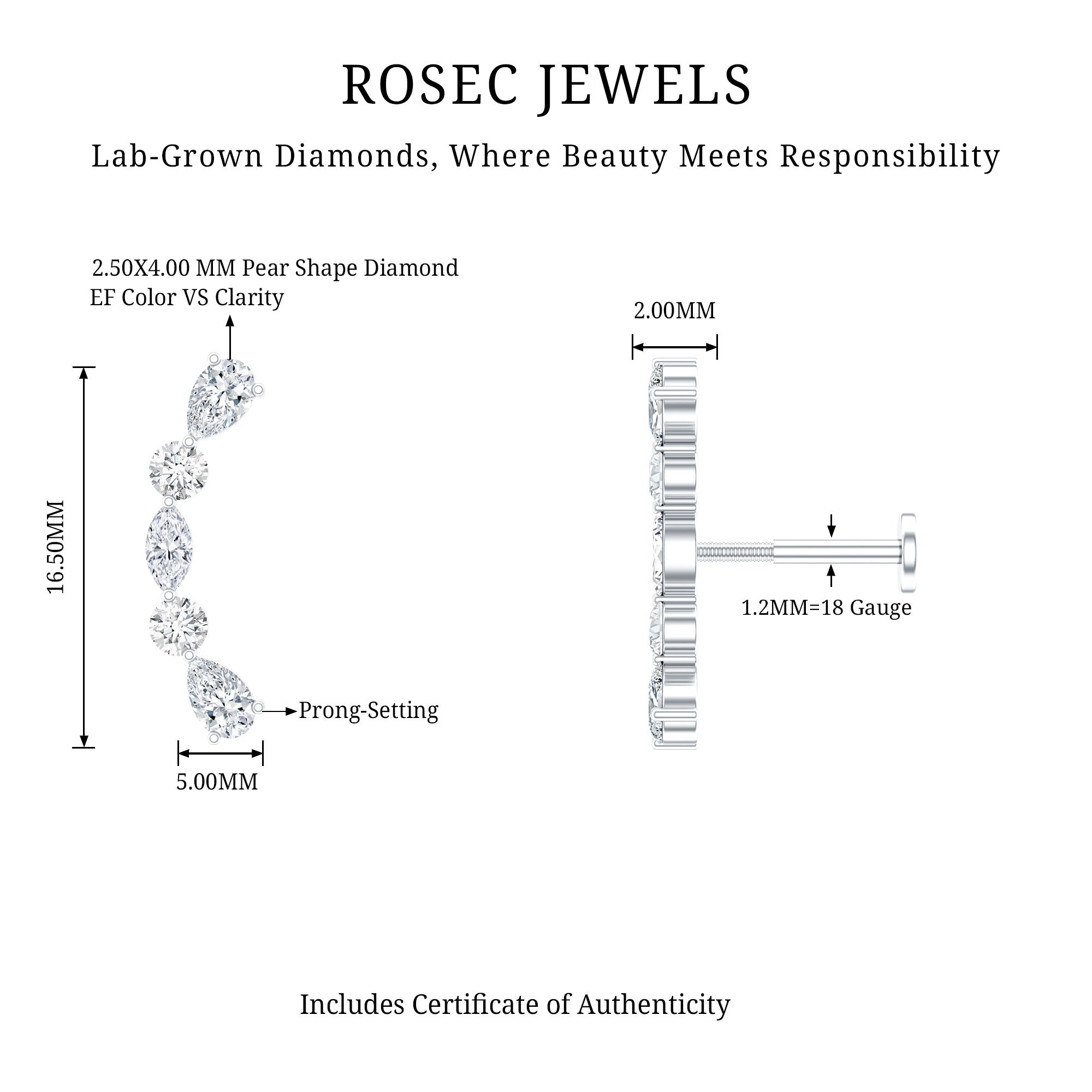 Simple Diamond Curved Crawler Earring for Helix Piercing Lab - ( EF-VS ) - Rosec Jewels