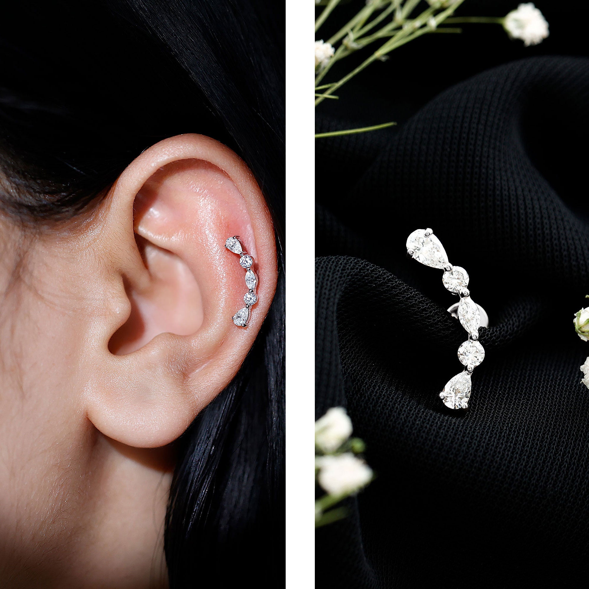 Simple Diamond Curved Crawler Earring for Helix Piercing Lab - ( EF-VS ) - Rosec Jewels