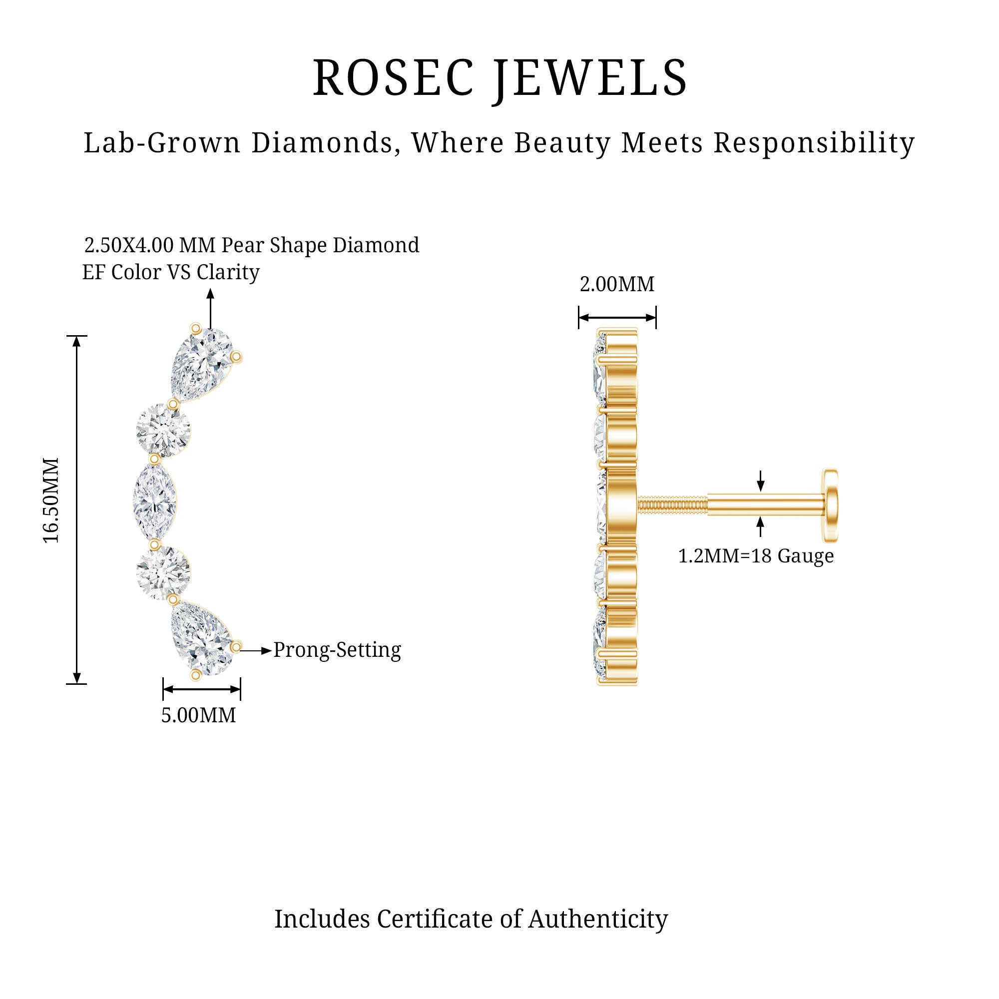 Simple Diamond Curved Crawler Earring for Helix Piercing Lab - ( EF-VS ) - Rosec Jewels