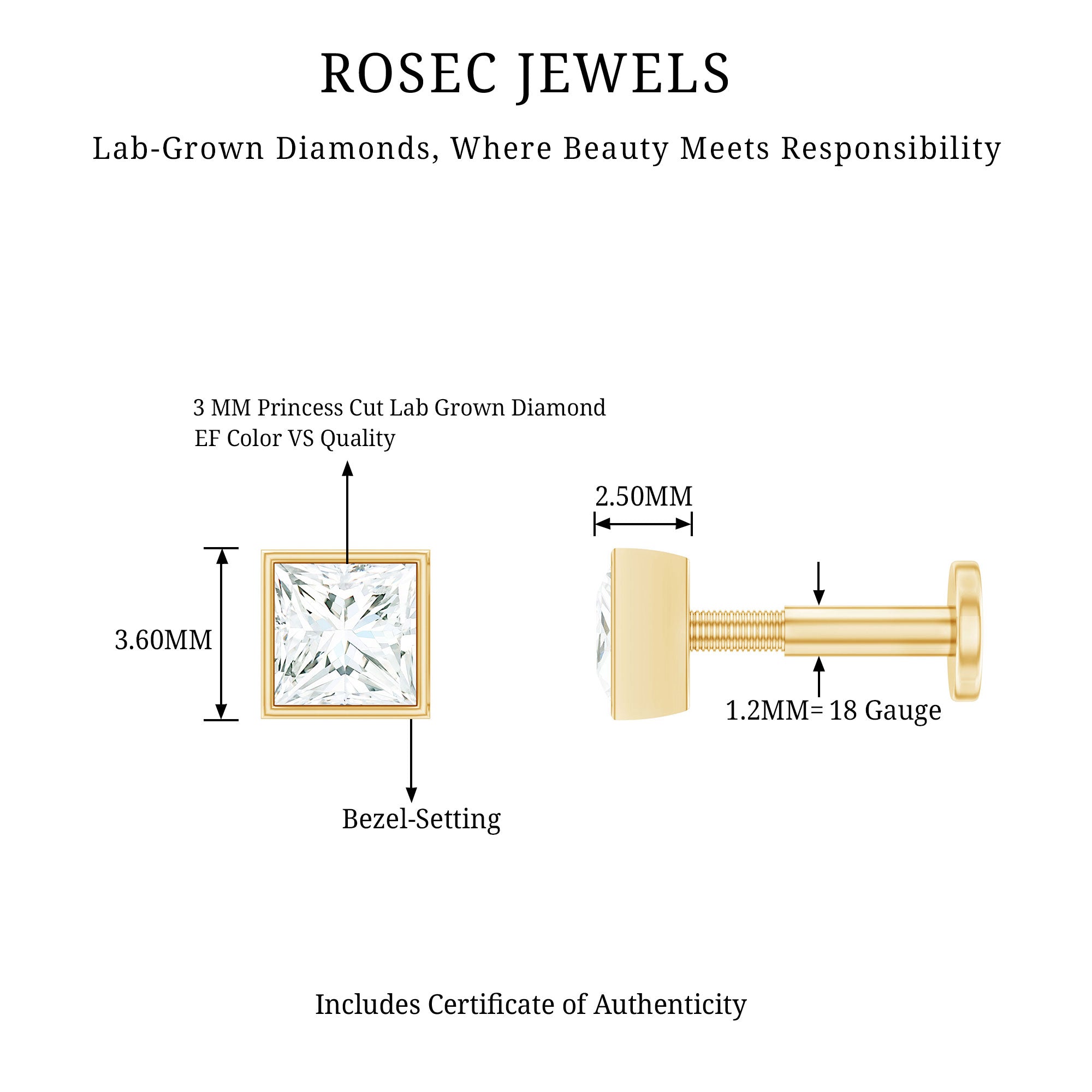 Princess Cut Diamond Conch Earring in Bezel Setting Lab - ( EF-VS ) - Rosec Jewels