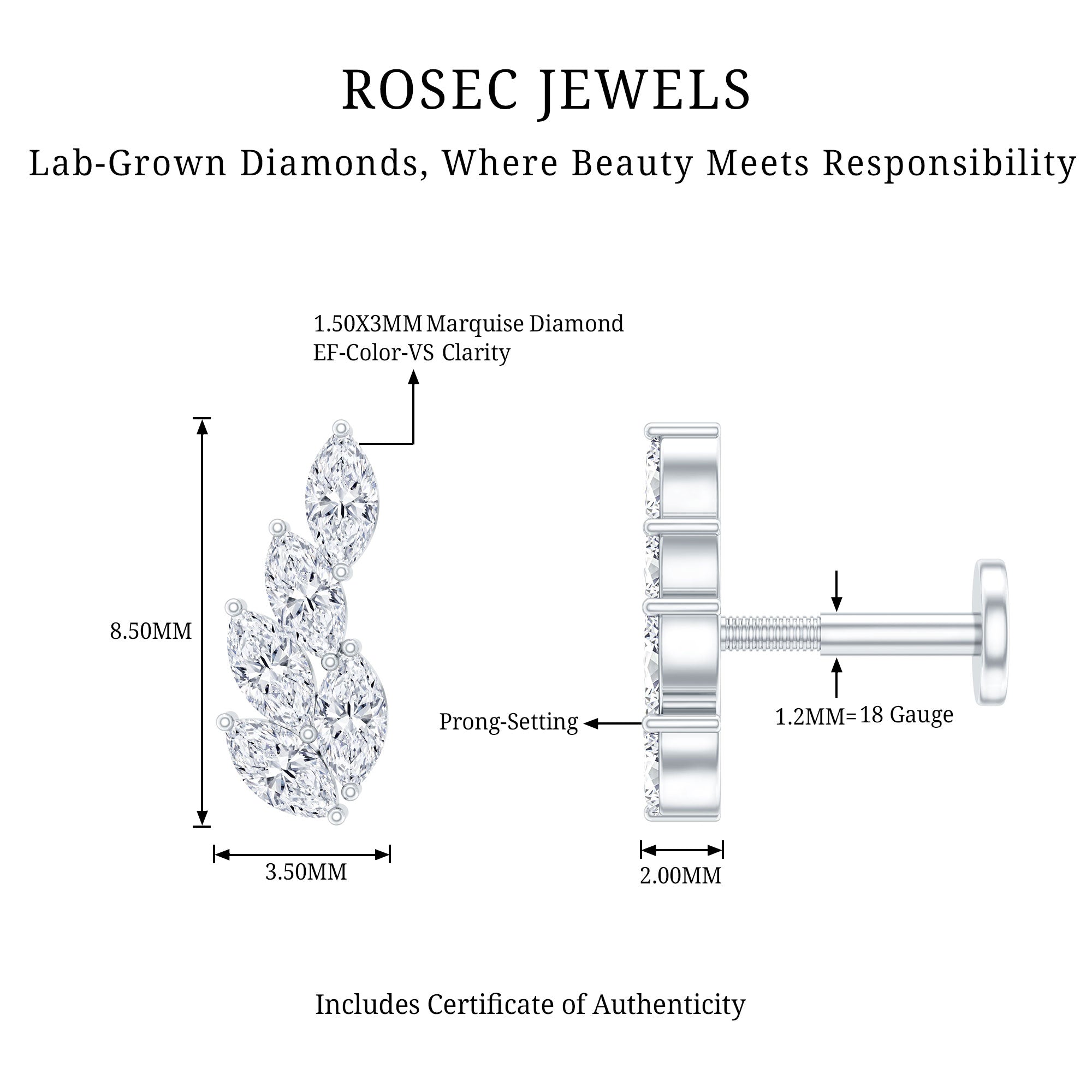 Marquise Diamond Leaf Cluster Earring for Helix Piercing Lab - ( EF-VS ) - Rosec Jewels