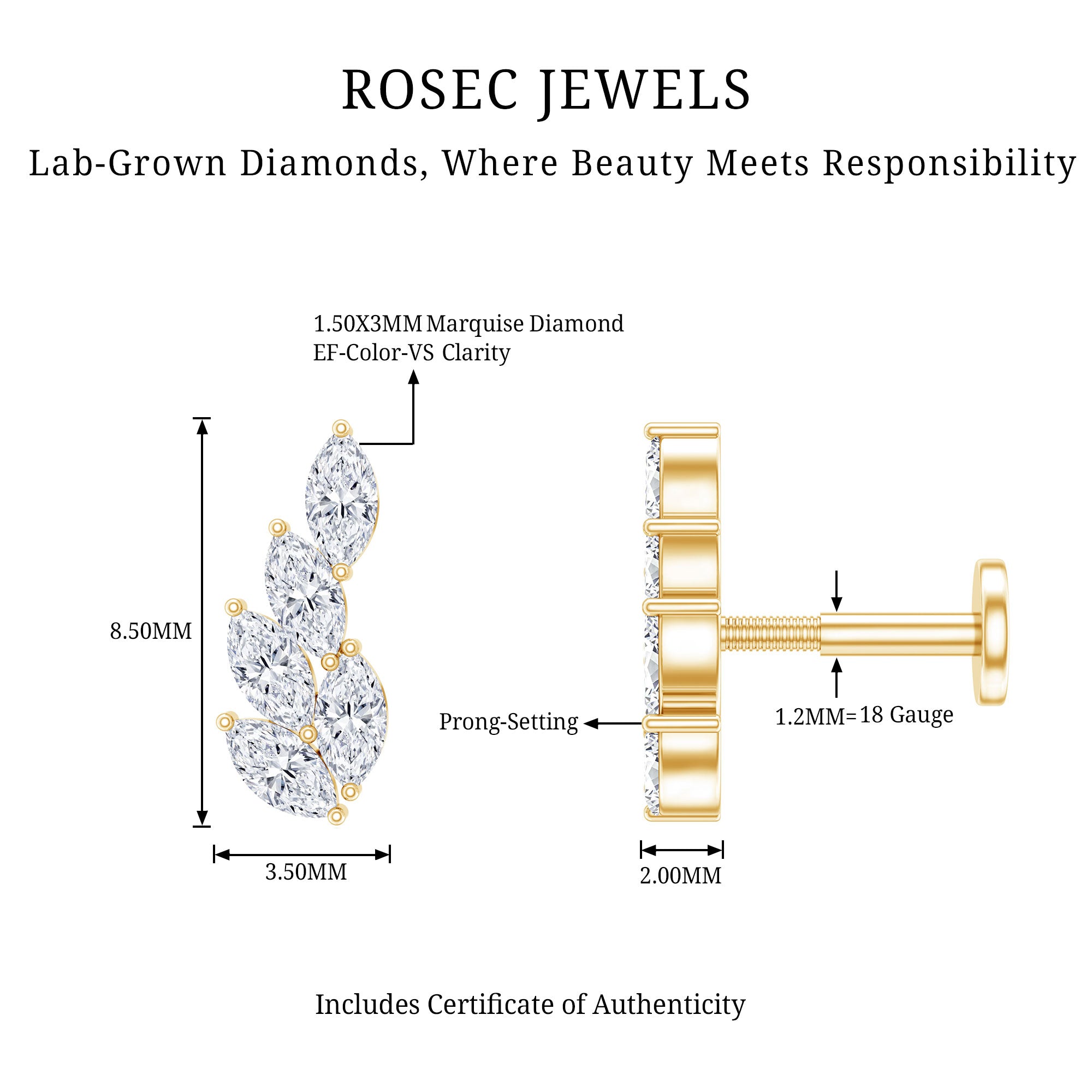 Marquise Diamond Leaf Cluster Earring for Helix Piercing Lab - ( EF-VS ) - Rosec Jewels