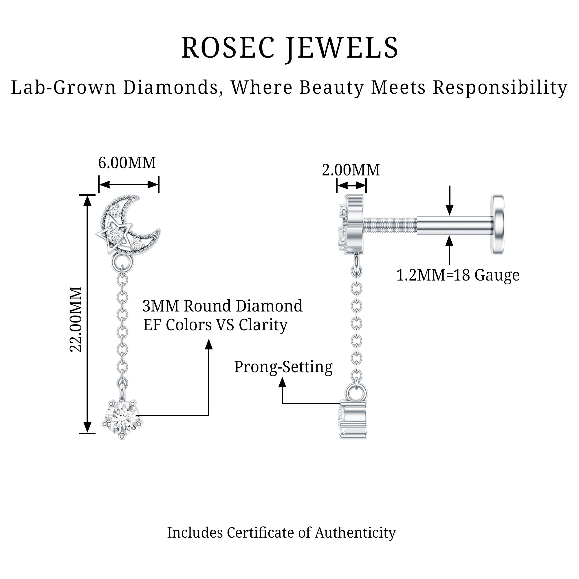Diamond Moon Chain Earring for Helix Piercing Lab - ( EF-VS ) - Rosec Jewels