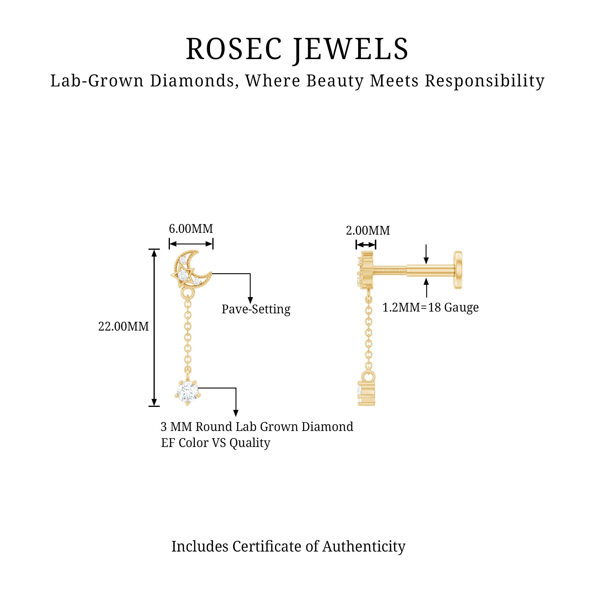 Diamond Moon Chain Earring for Helix Piercing Lab - ( EF-VS ) - Rosec Jewels