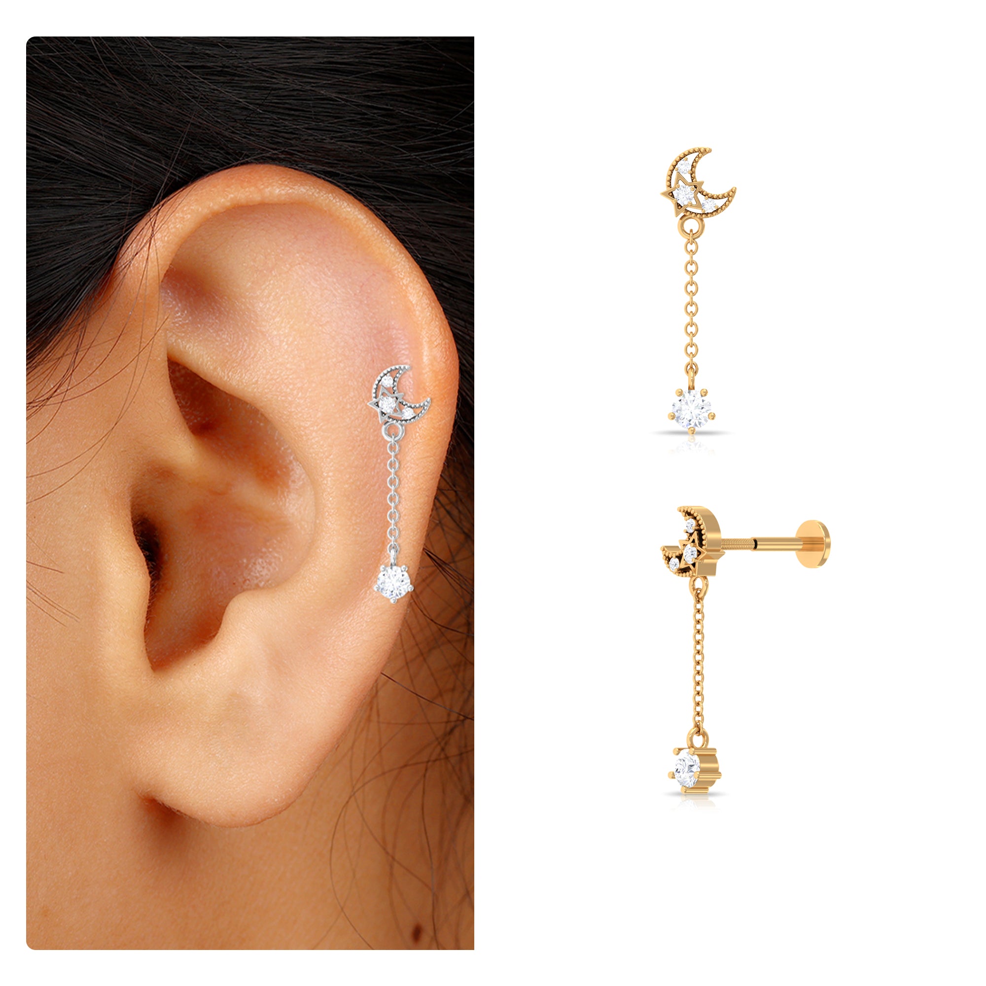 Diamond Moon Chain Earring for Helix Piercing Lab - ( EF-VS ) - Rosec Jewels