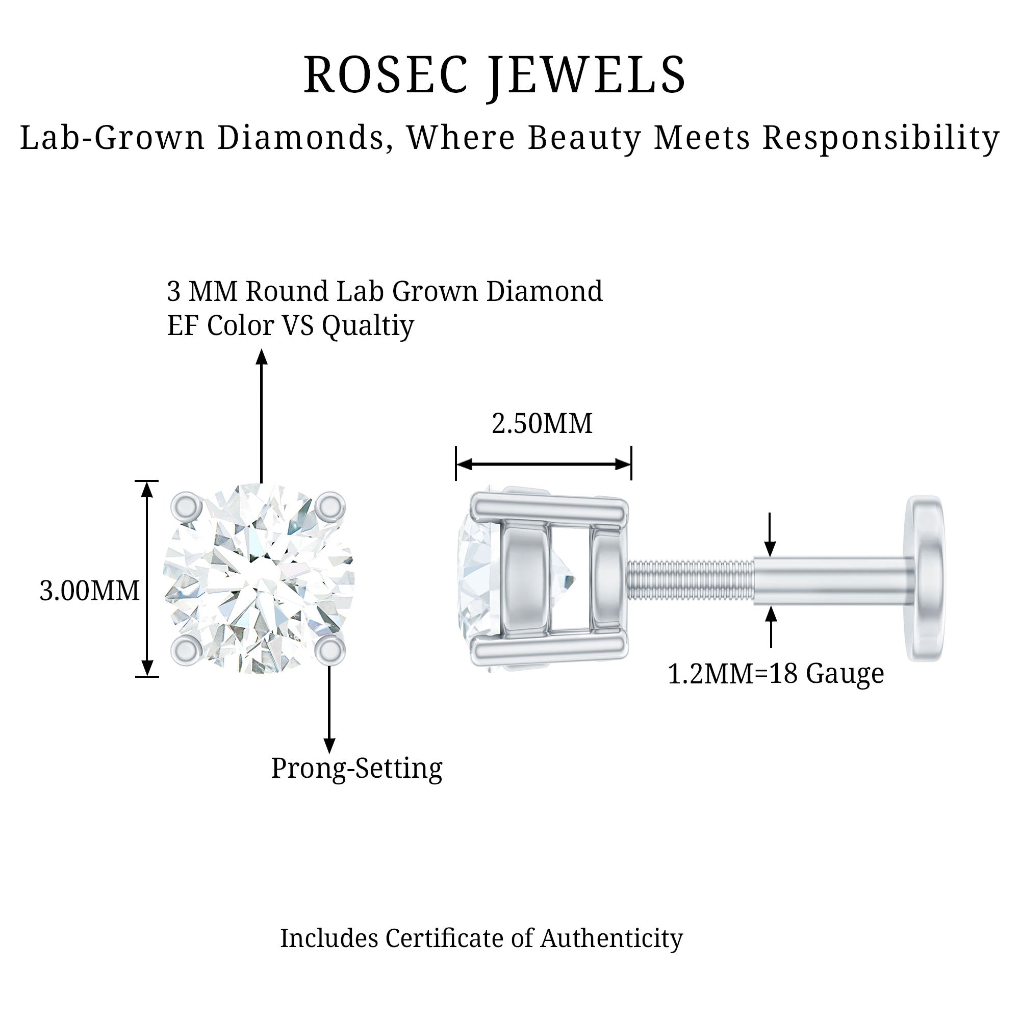 Minimalist Diamond Solitaire Earring for Tragus Piercing Lab - ( EF-VS ) - Rosec Jewels