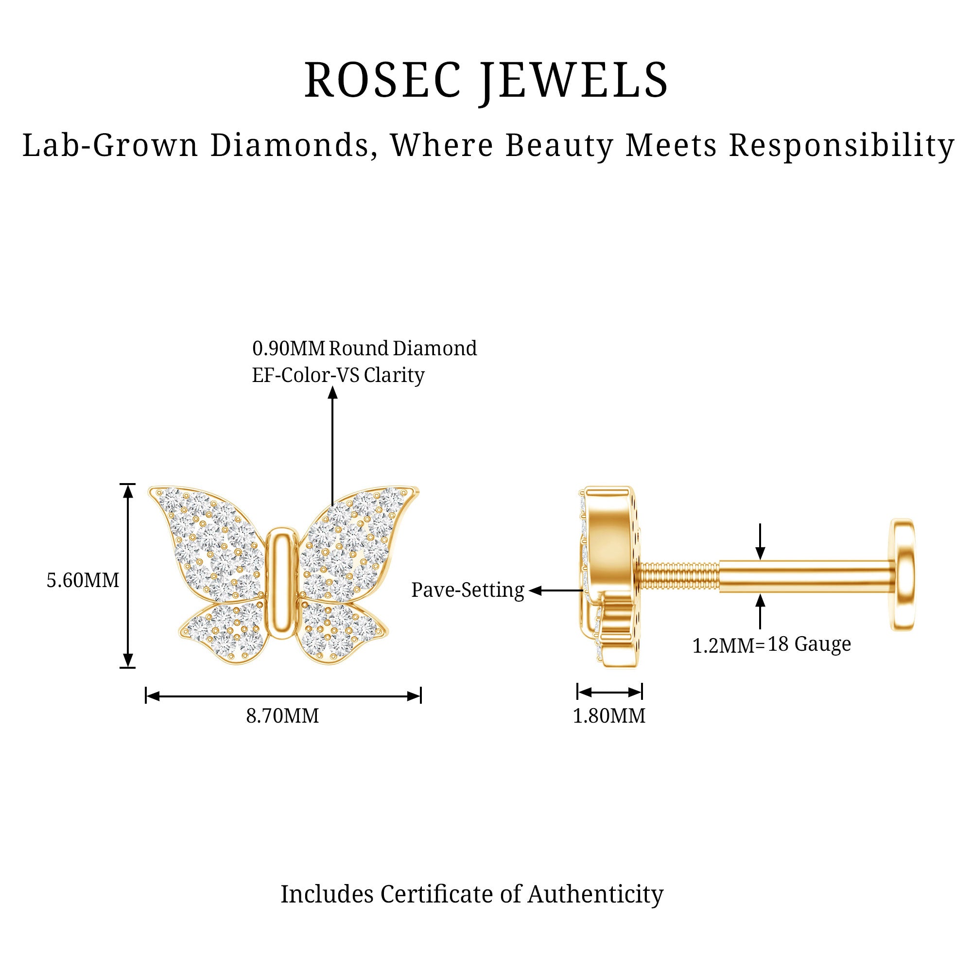 Certified Diamond Butterfly Cartilage Earring Lab - ( EF-VS ) - Rosec Jewels