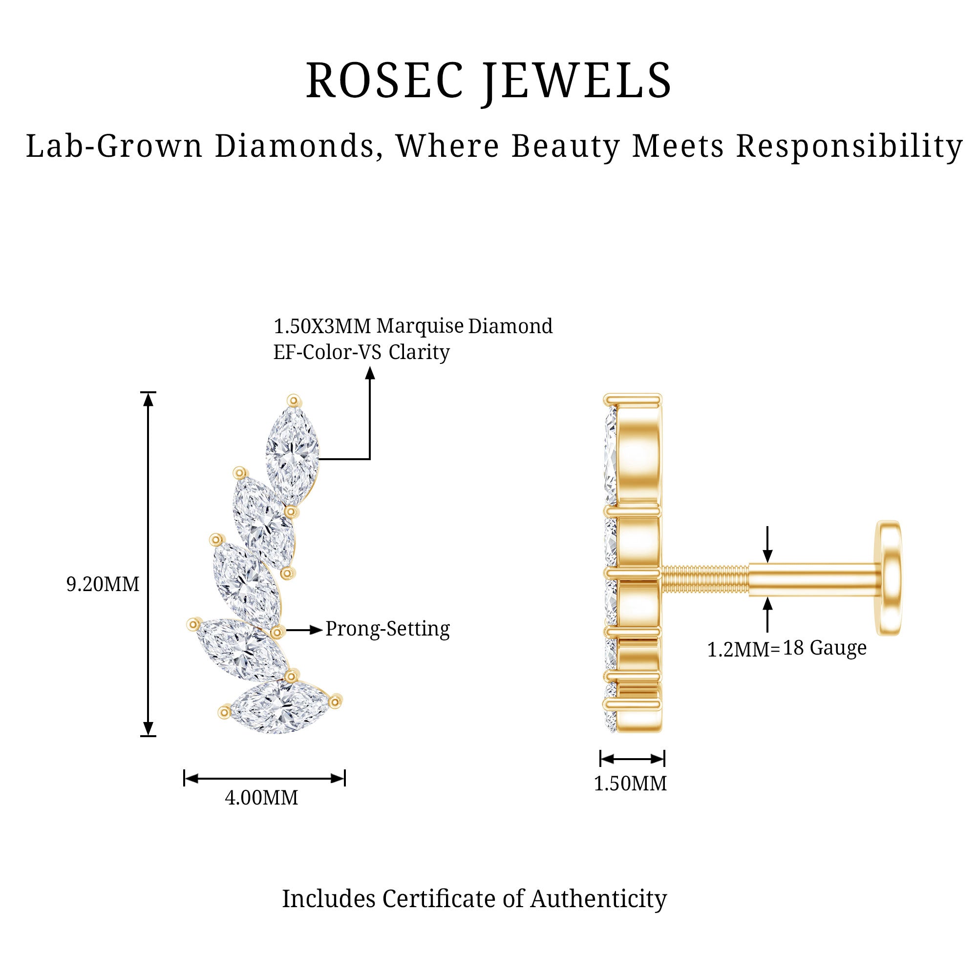 Marquise Diamond Crawler Earring for Helix Piercing Lab - ( EF-VS ) - Rosec Jewels