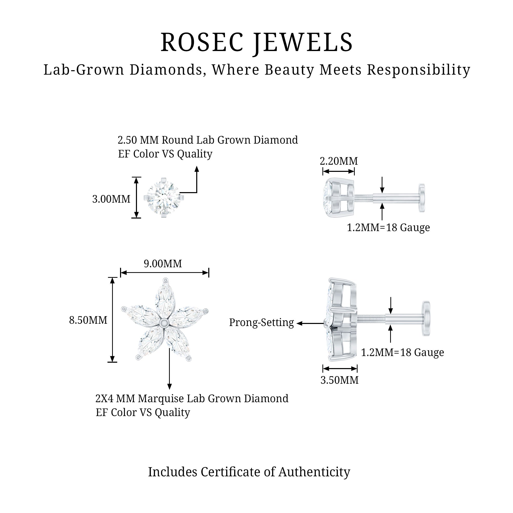 Marquise Diamond Flower Cartilage Earring Set Lab - ( EF-VS ) - Rosec Jewels