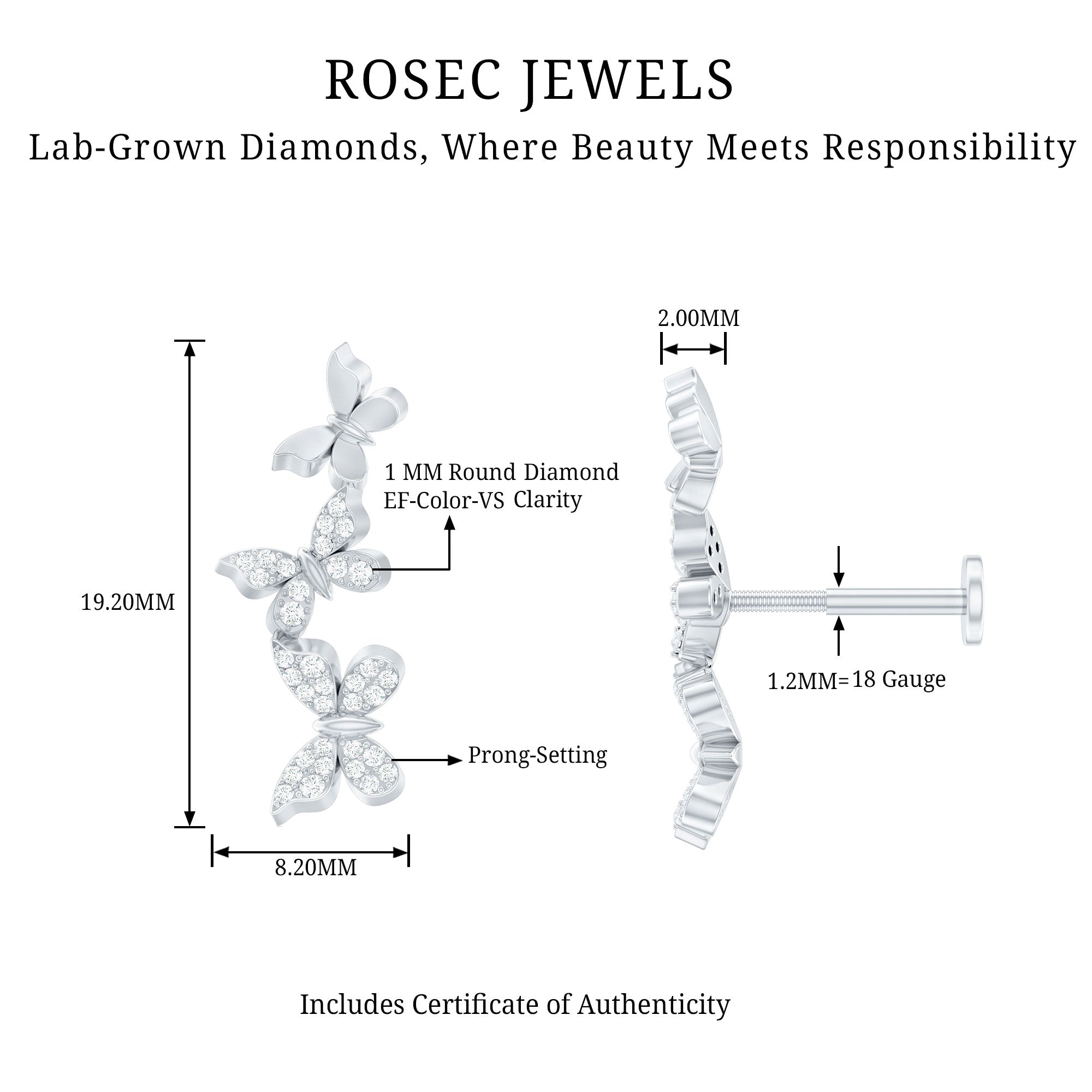 Diamond Butterfly Crawler Earring for Helix Piercing Lab - ( EF-VS ) - Rosec Jewels