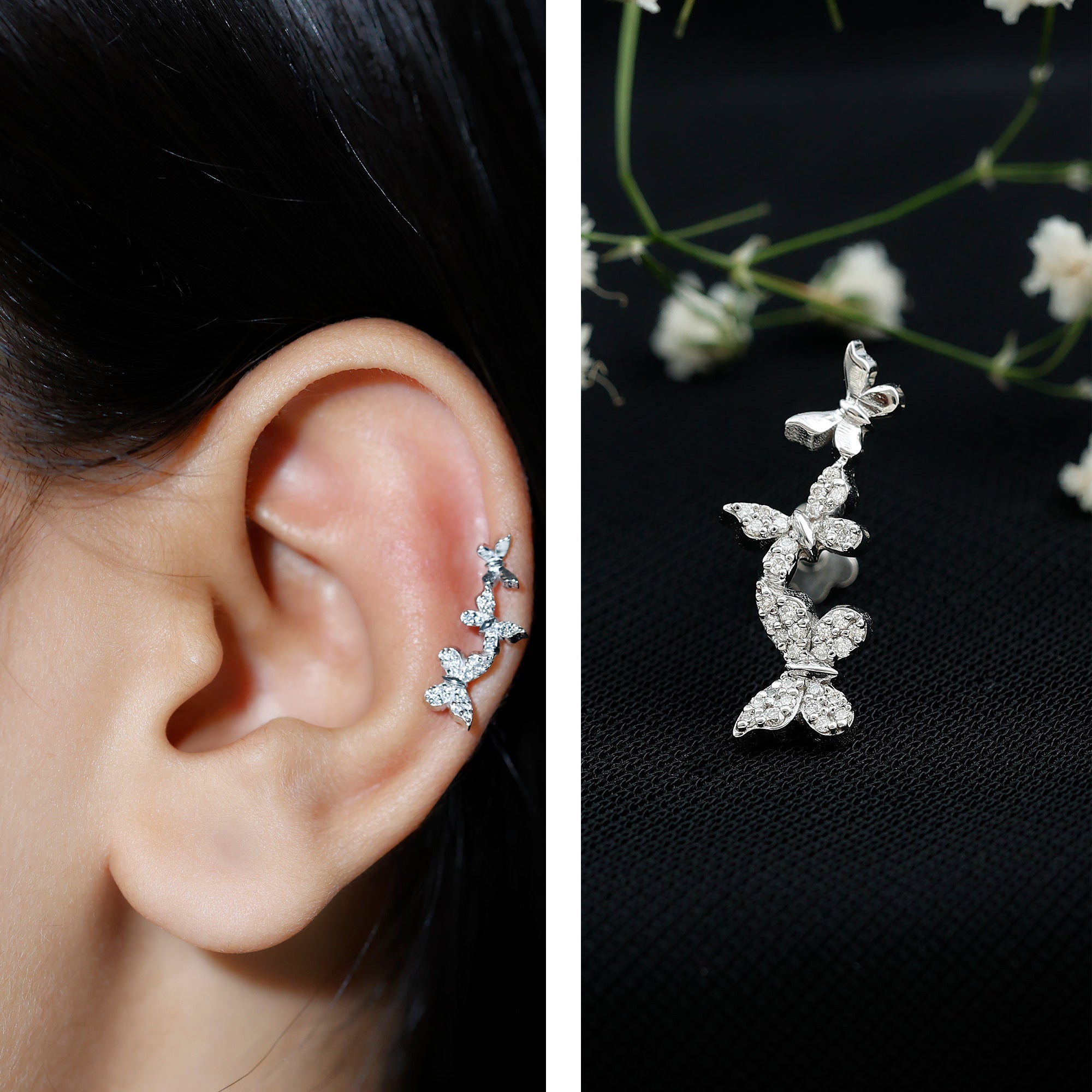 Diamond Butterfly Crawler Earring for Helix Piercing Lab - ( EF-VS ) - Rosec Jewels