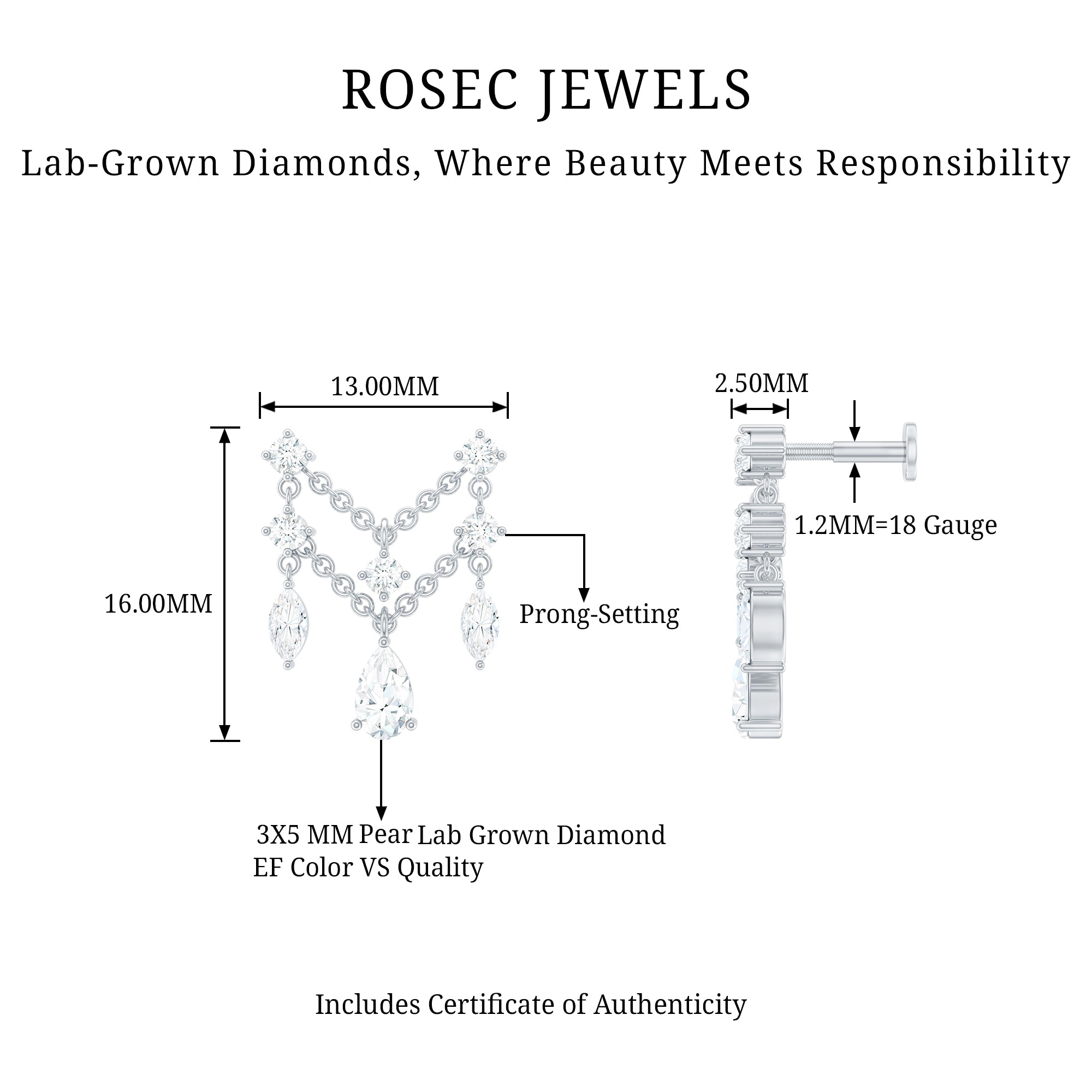 Brilliant Cut Diamond Double Chain Drop Earring for Cartilage Piercing Lab - ( EF-VS ) - Rosec Jewels