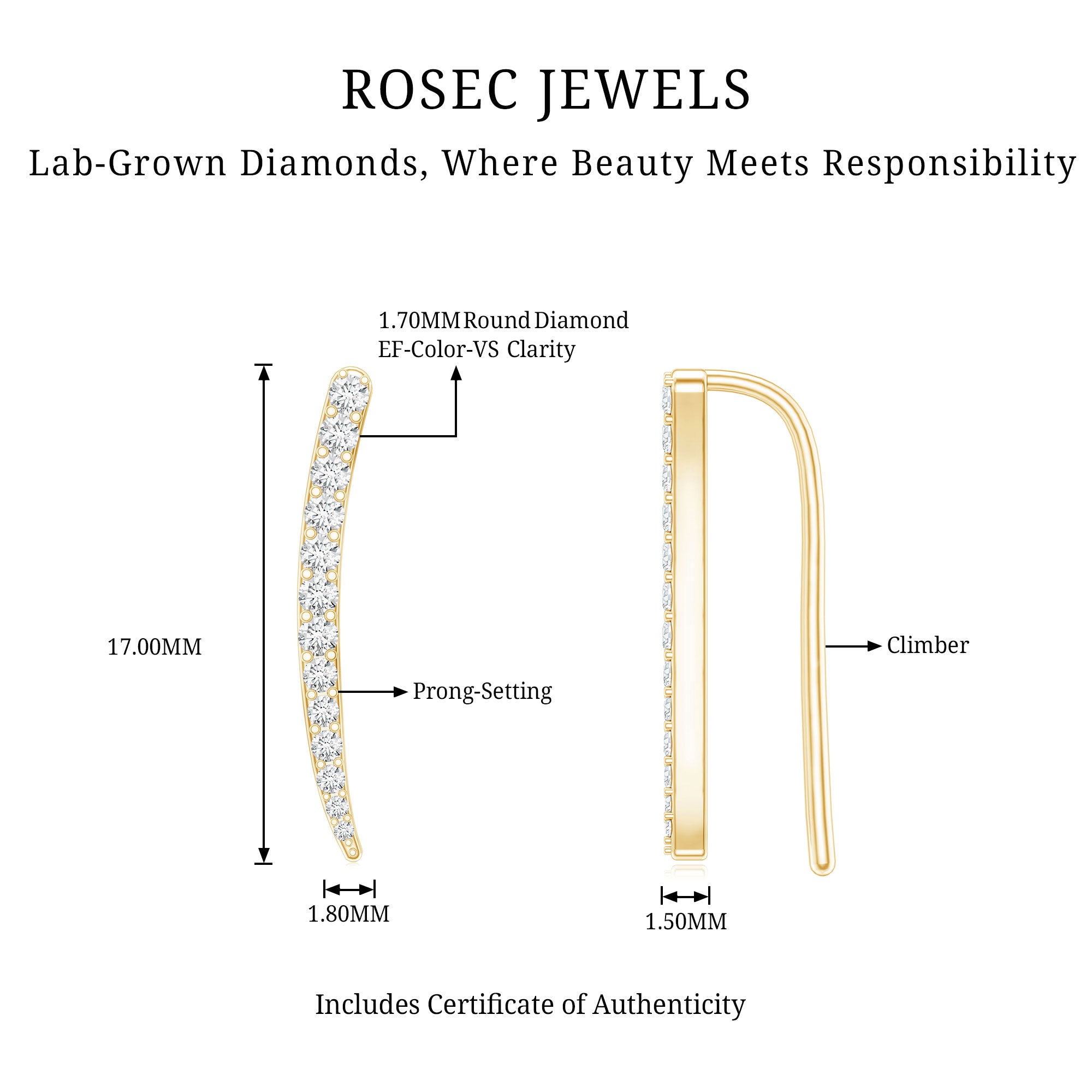 Graduated Style Diamond Climber Helix Earring Lab - ( EF-VS ) - Rosec Jewels