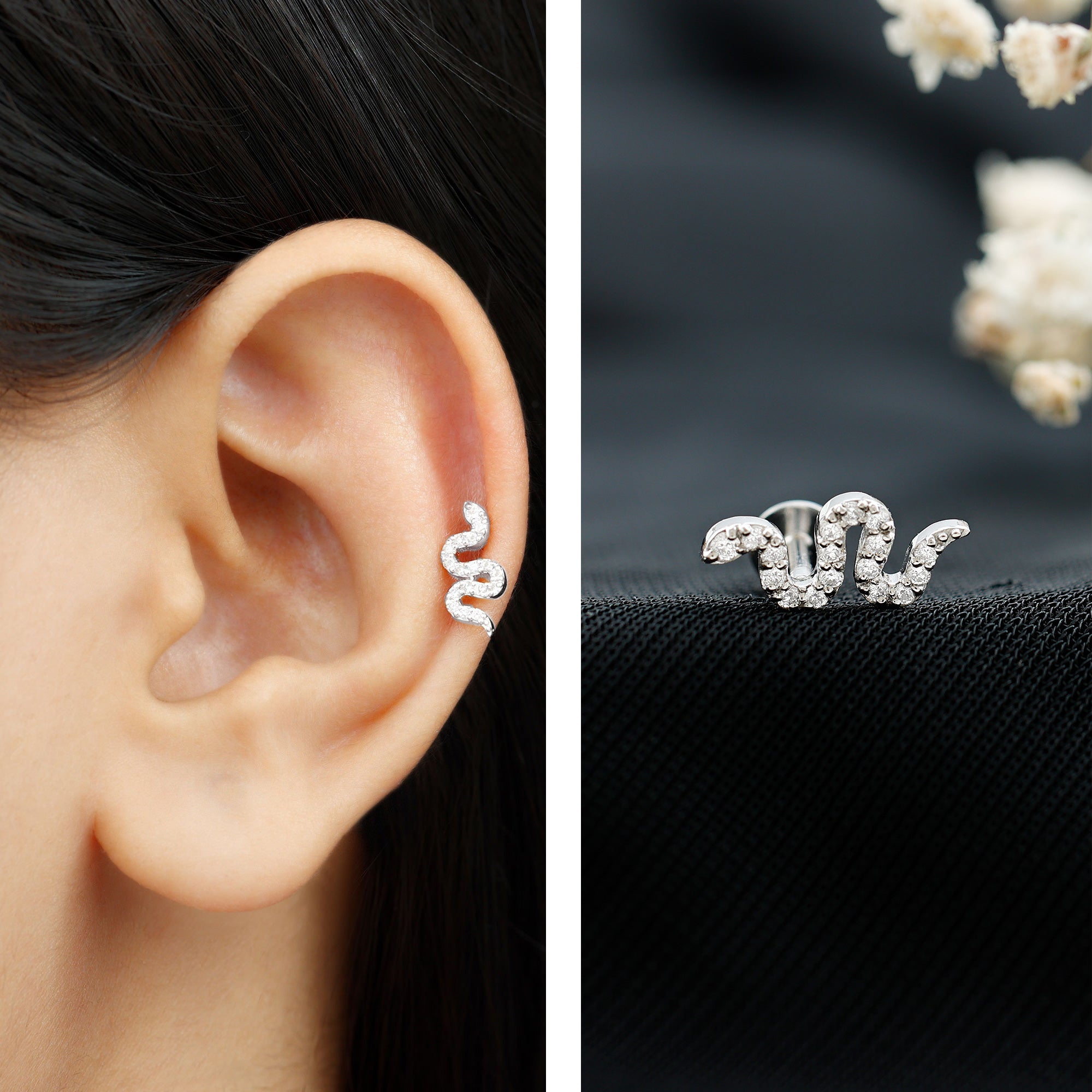 Certified Diamond Snake Earring for Cartilage Piercing Lab - ( EF-VS ) - Rosec Jewels