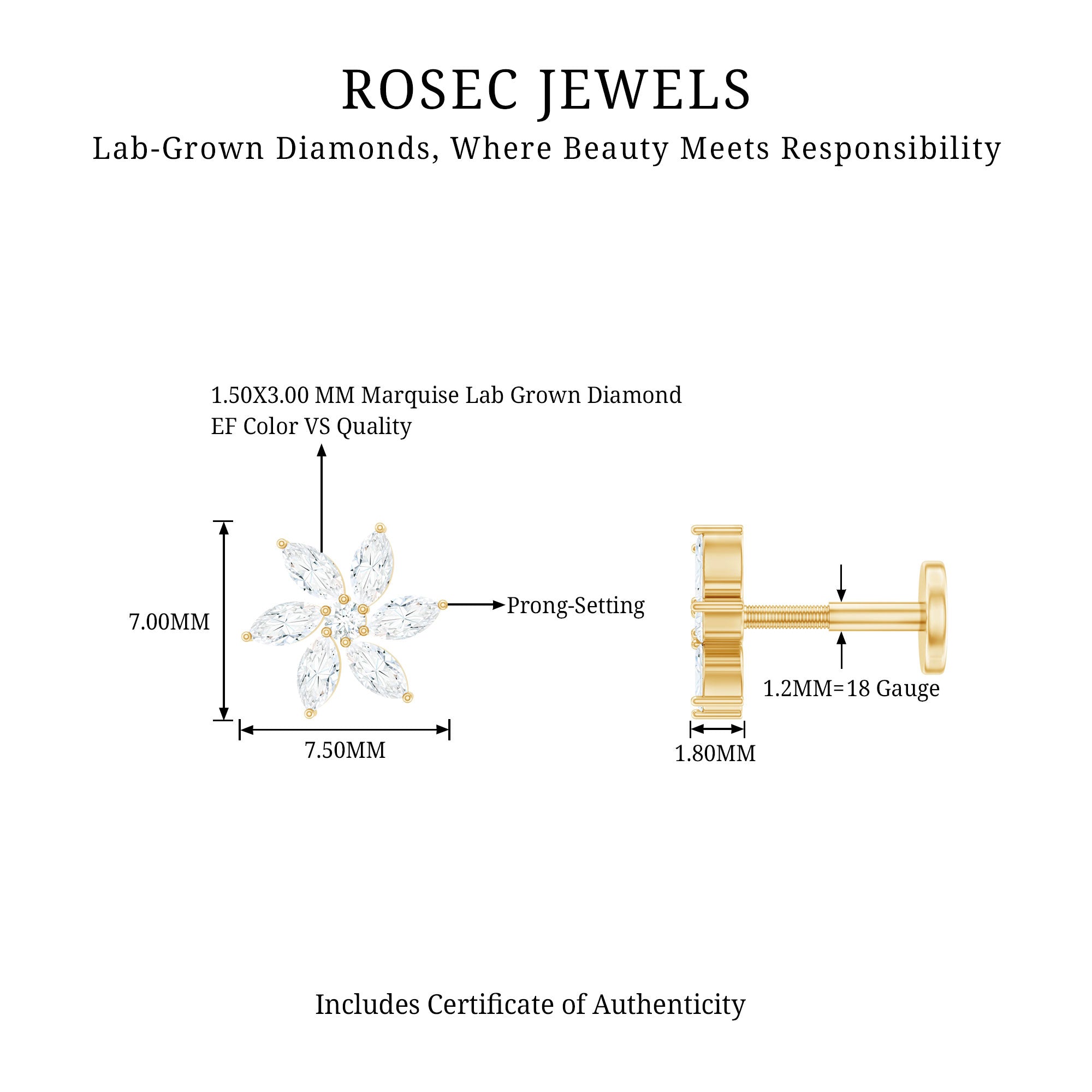 Sparkling Marquise Diamond Flower Helix Earring Lab - ( EF-VS ) - Rosec Jewels