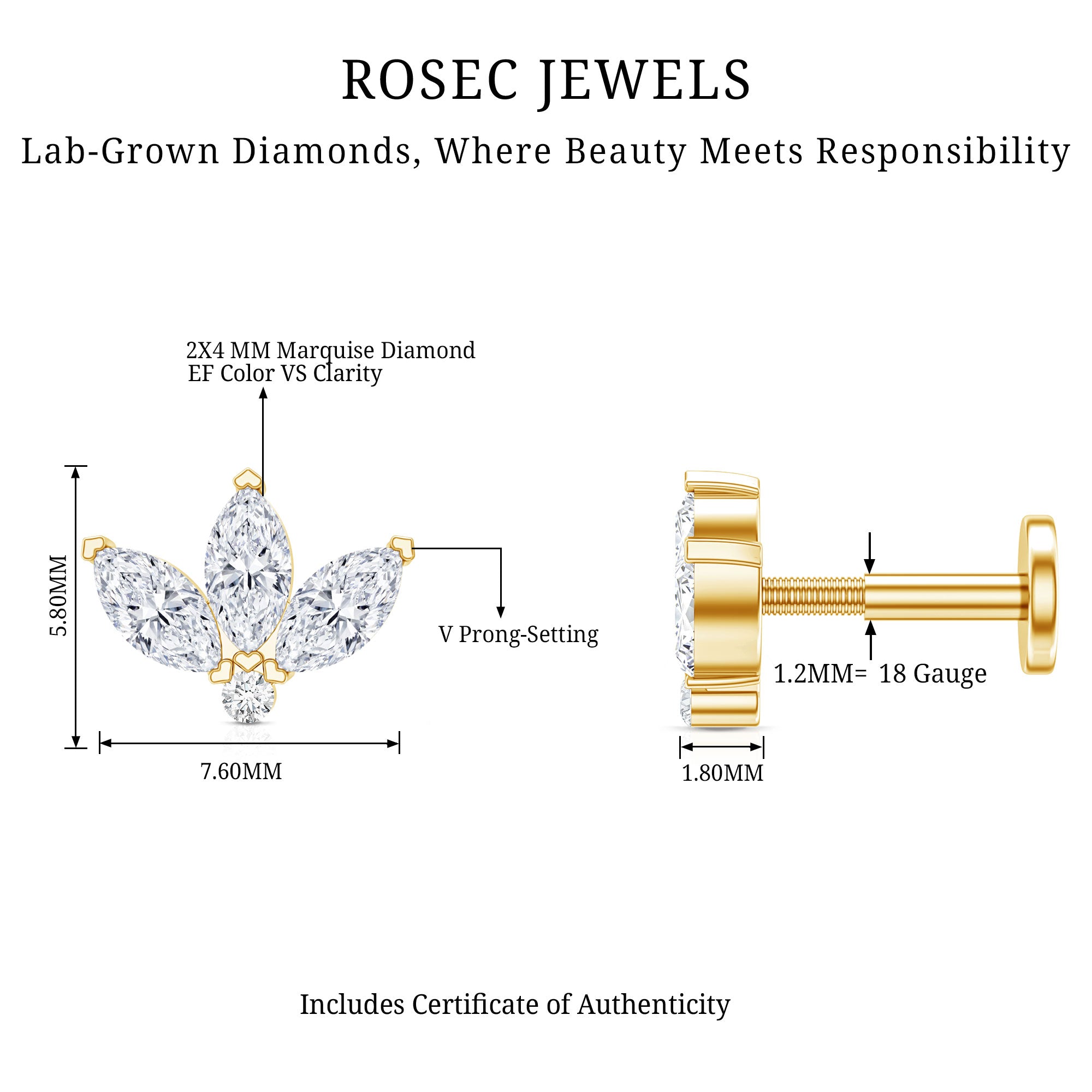 Marquise Cut Diamond Lotus Flower Earring for Cartilage Piercing Lab - ( EF-VS ) - Rosec Jewels