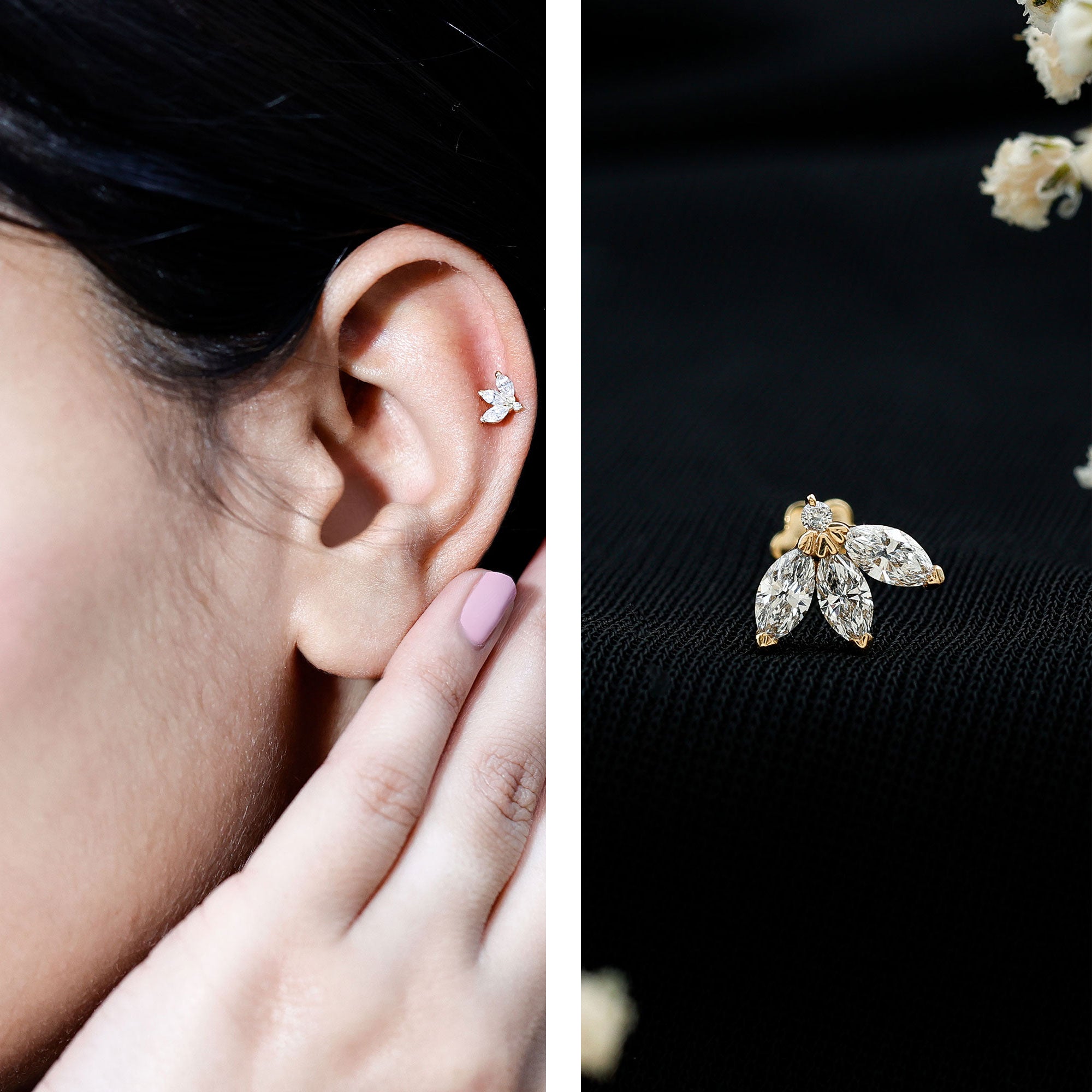 Marquise Cut Diamond Lotus Flower Earring for Cartilage Piercing Lab - ( EF-VS ) - Rosec Jewels