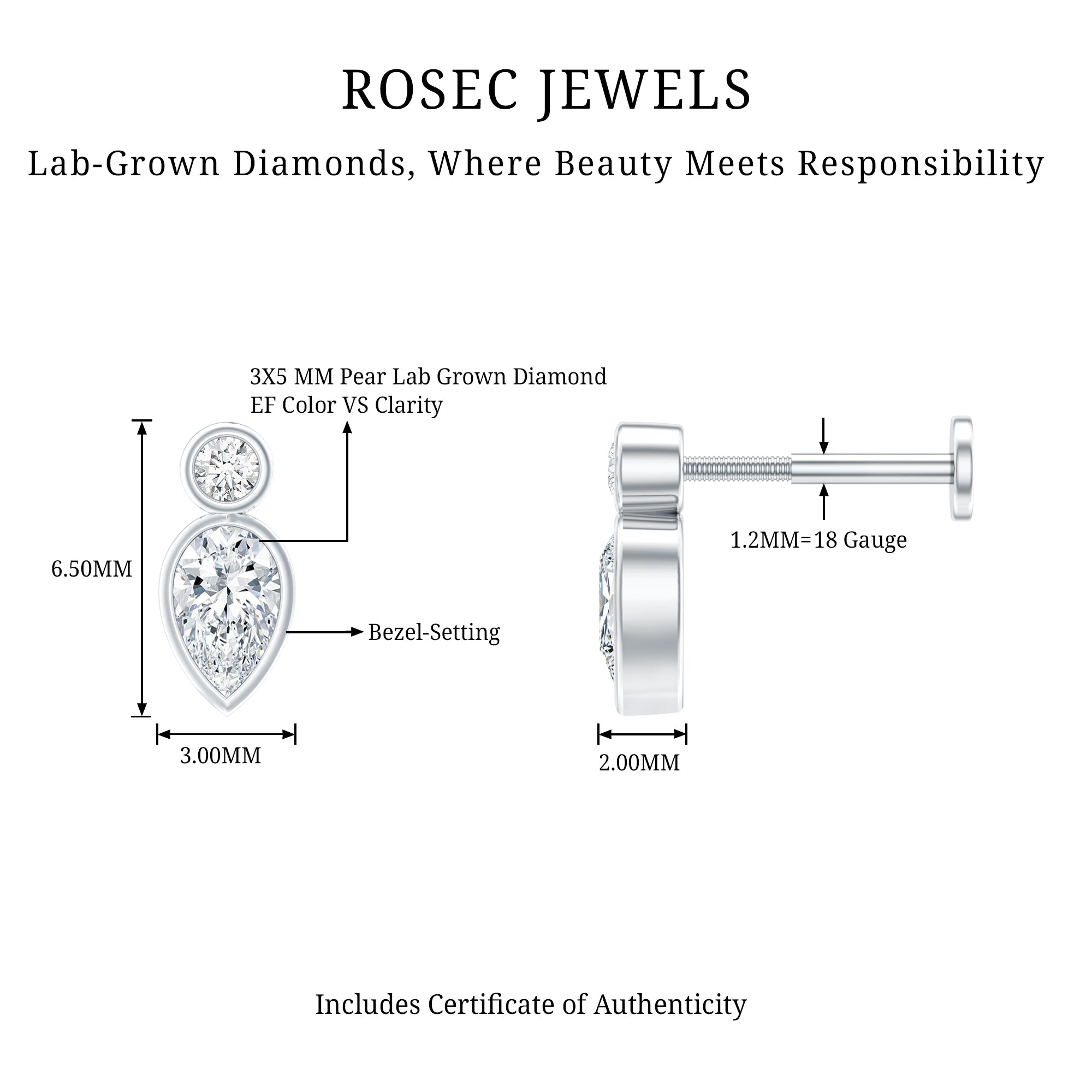 Pear Shape Diamond Two Stone Helix Earring Lab - ( EF-VS ) - Rosec Jewels