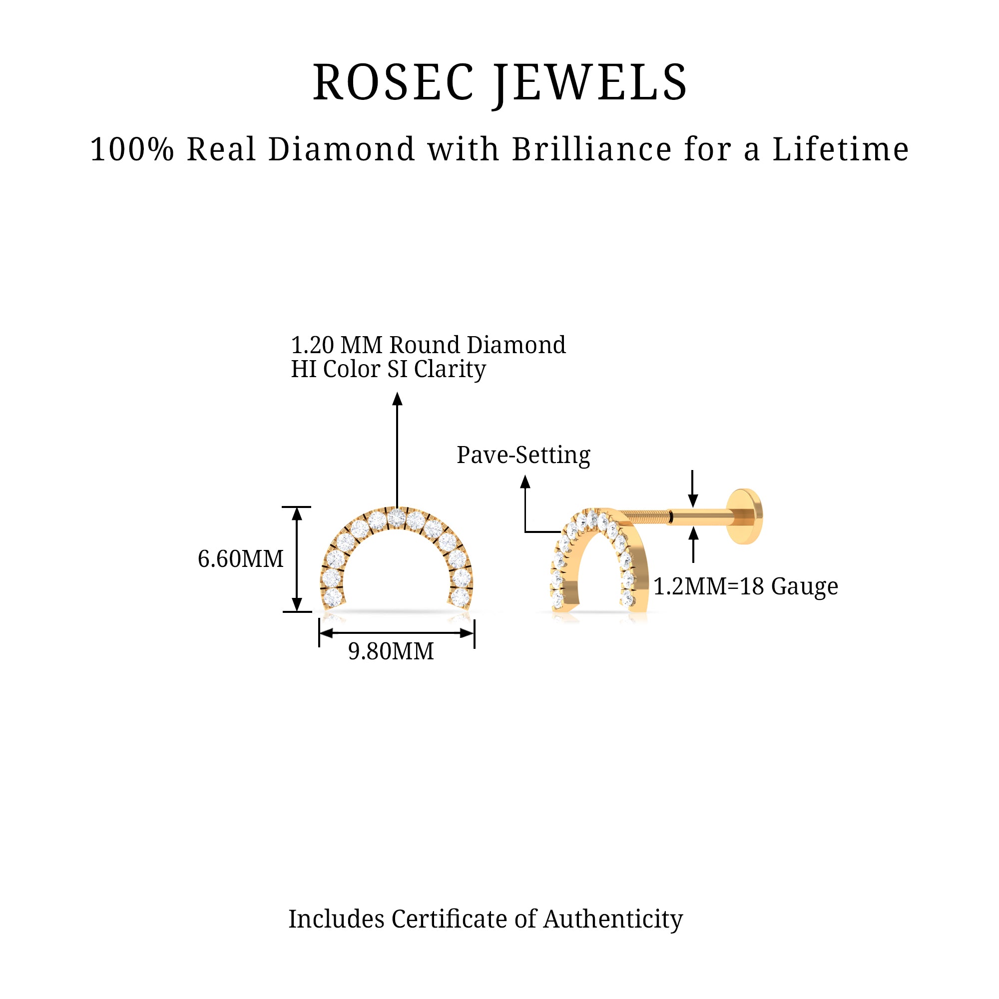 Certified Diamond Half Circle Earring for Piercing Lab - ( EF-VS ) - Rosec Jewels
