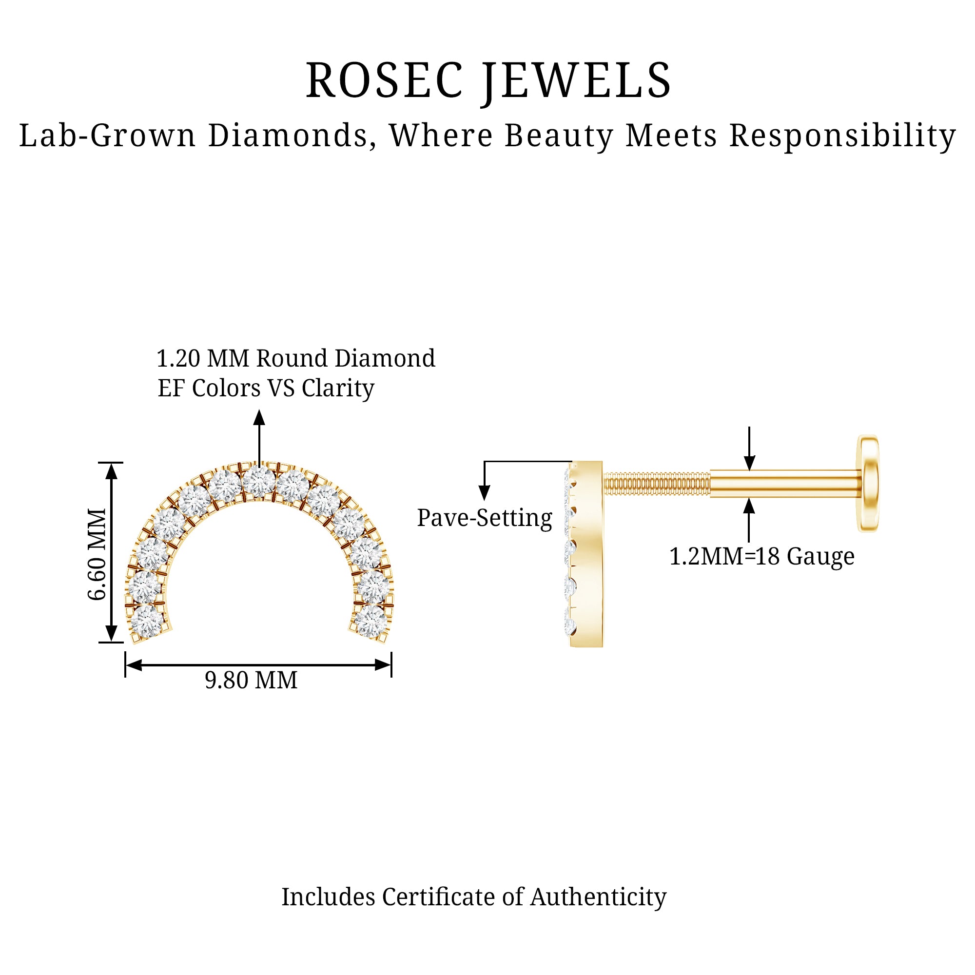 Certified Diamond Half Circle Earring for Piercing Lab - ( EF-VS ) - Rosec Jewels