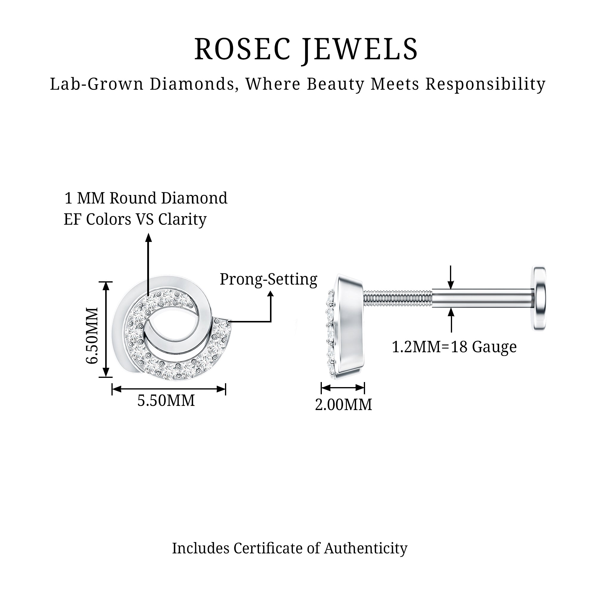 Certified Diamond Spiral Earring for Cartilage Piercing Lab - ( EF-VS ) - Rosec Jewels