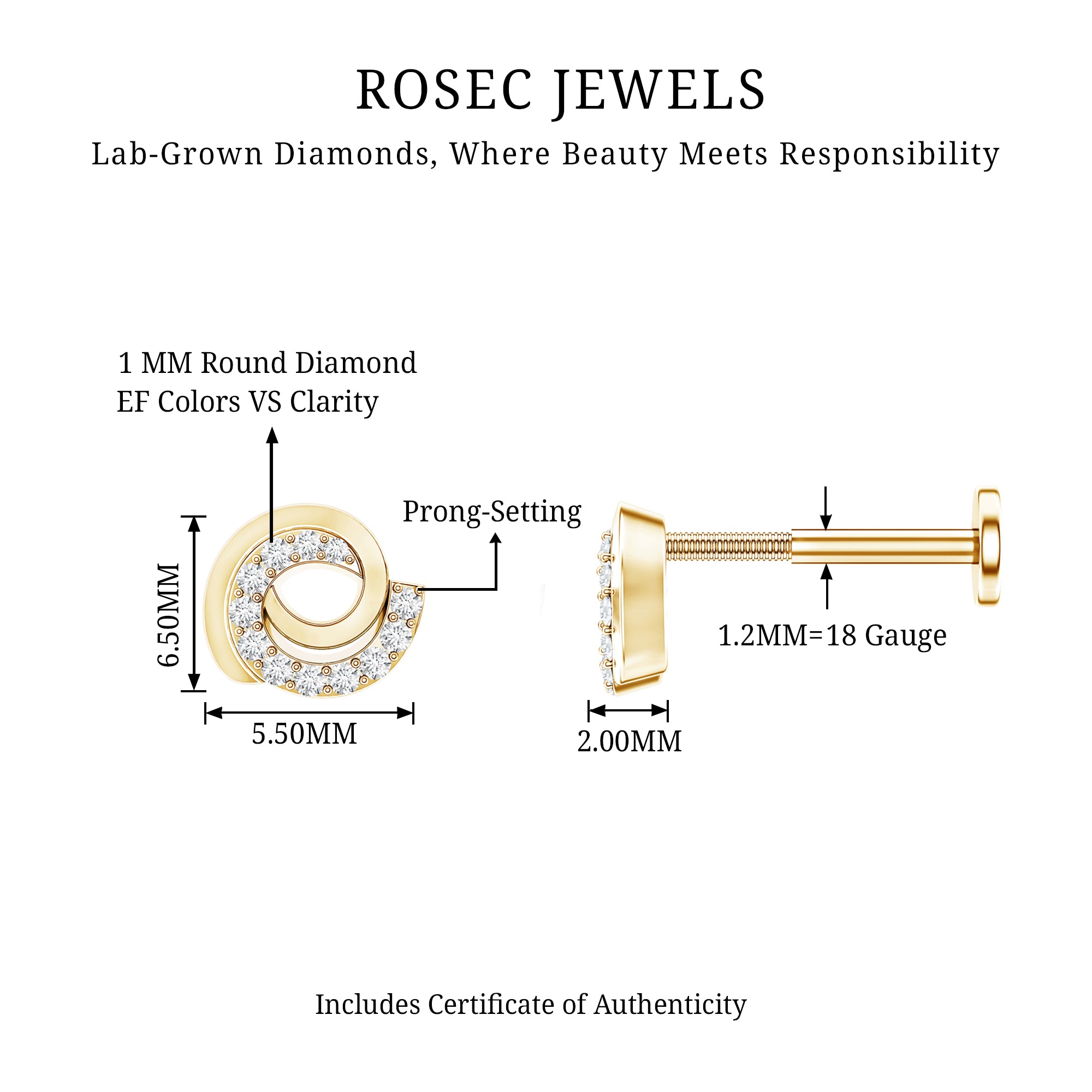 Certified Diamond Spiral Earring for Cartilage Piercing Lab - ( EF-VS ) - Rosec Jewels
