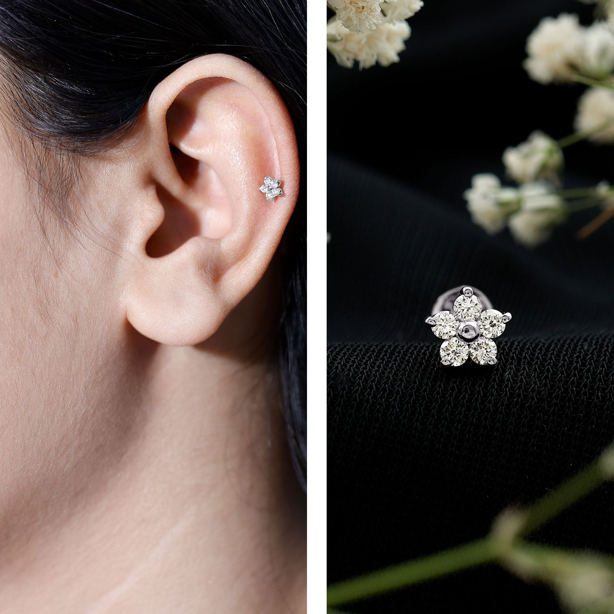 Minimalist Diamond Flower Tragus Earring with Flat Back Lab - ( EF-VS ) - Rosec Jewels