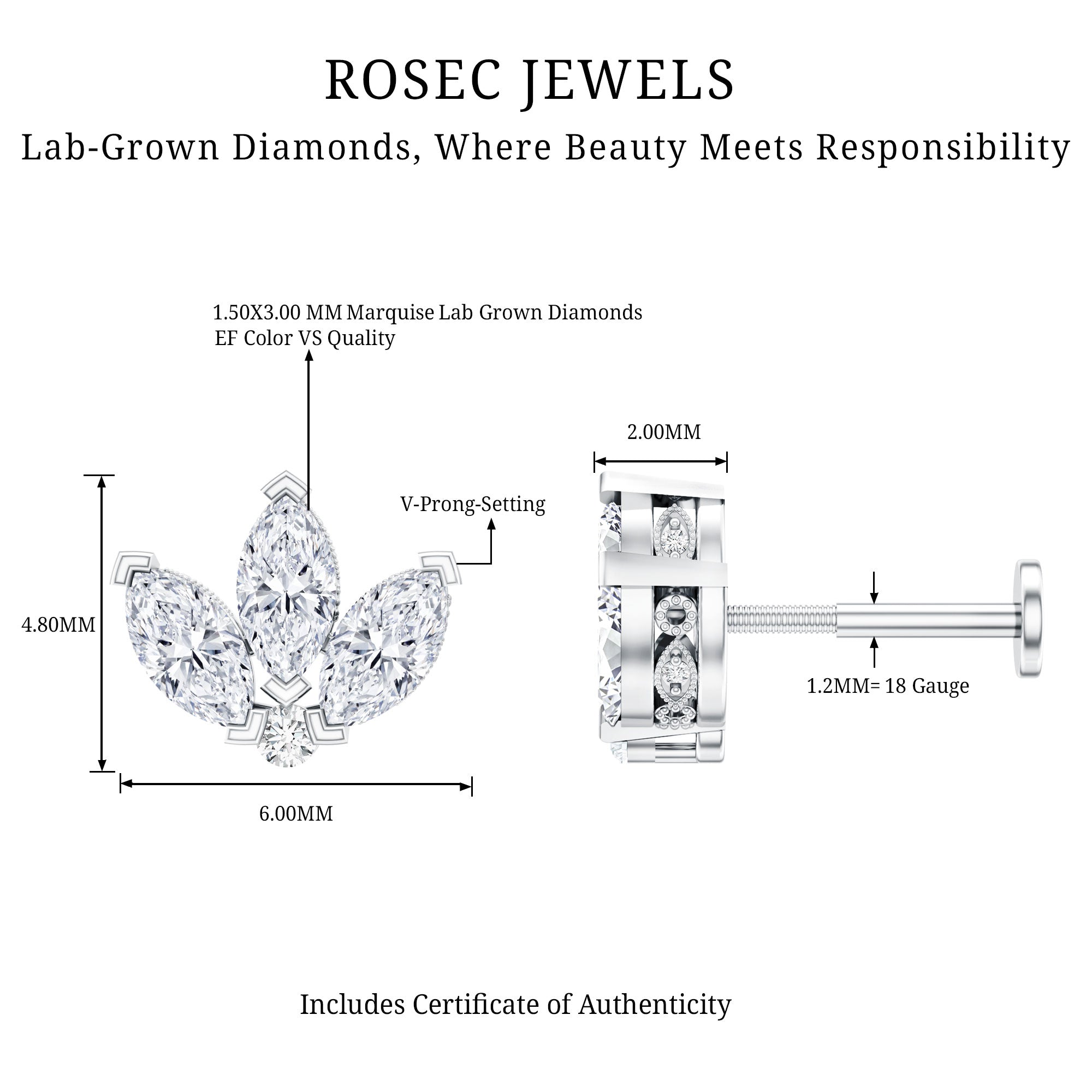 Marquise Diamond Lotus Earring for Cartilage Piercing Lab - ( EF-VS ) - Rosec Jewels