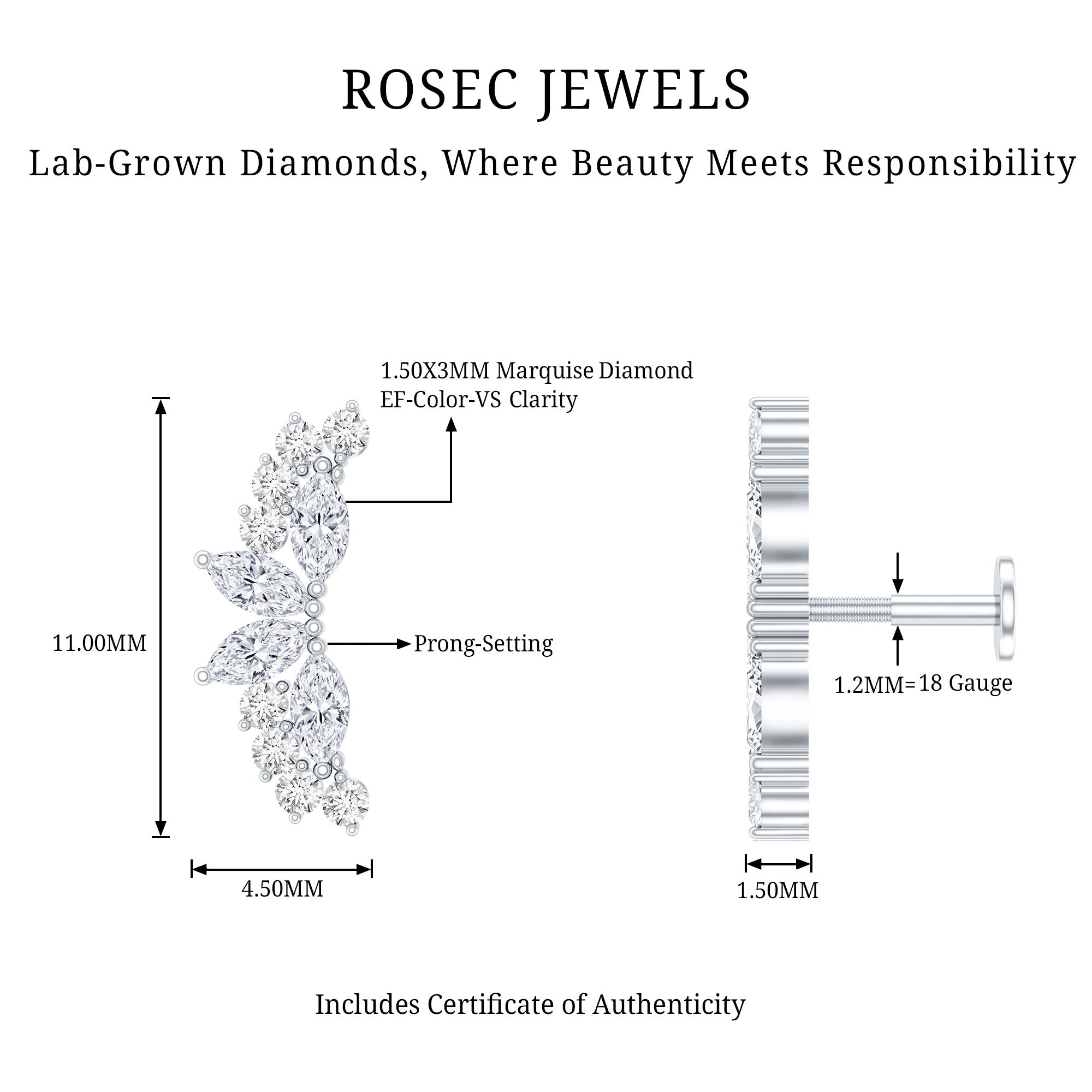 Unique Diamond Crawler Earring for Cartilage Piercing Lab - ( EF-VS ) - Rosec Jewels