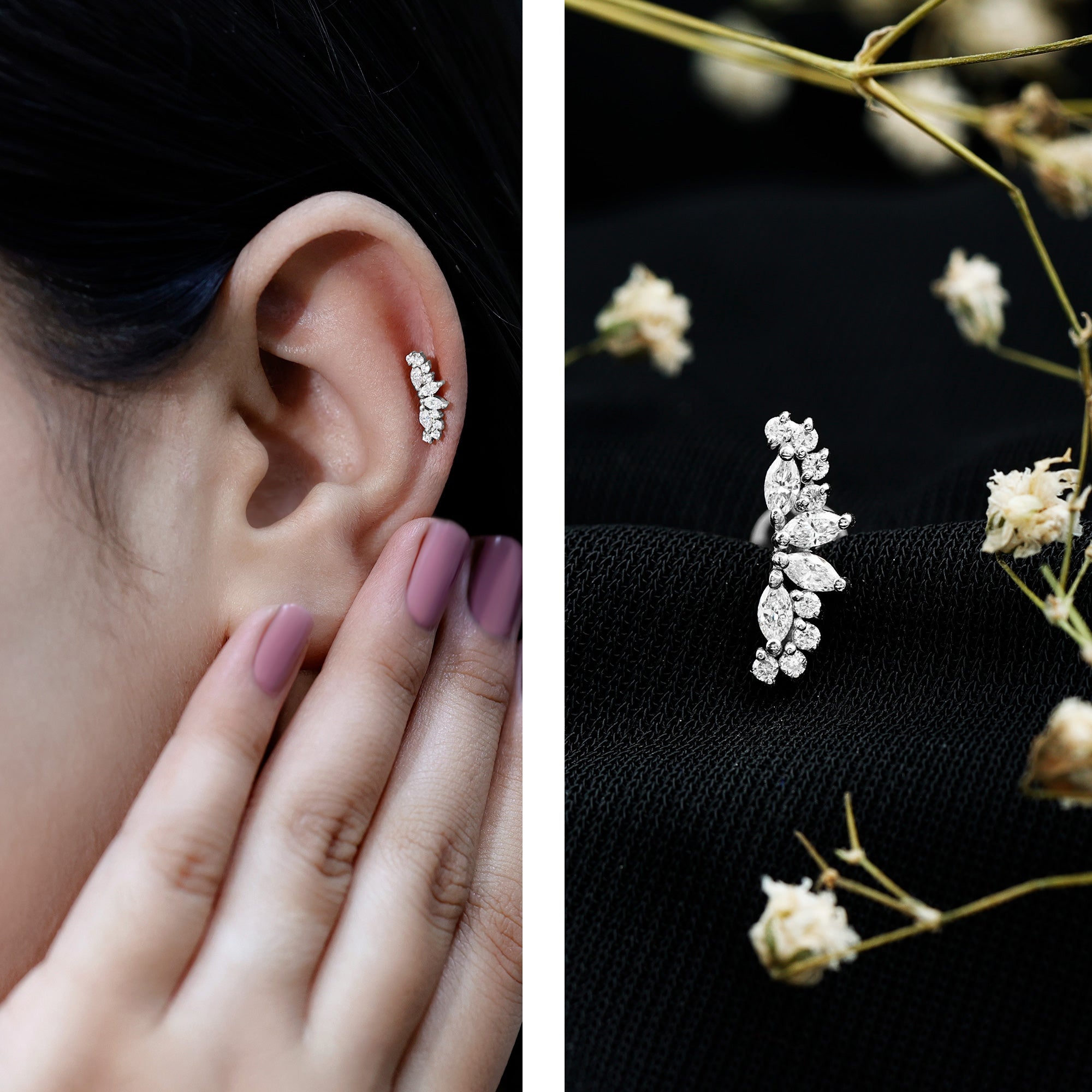 Unique Diamond Crawler Earring for Cartilage Piercing Lab - ( EF-VS ) - Rosec Jewels