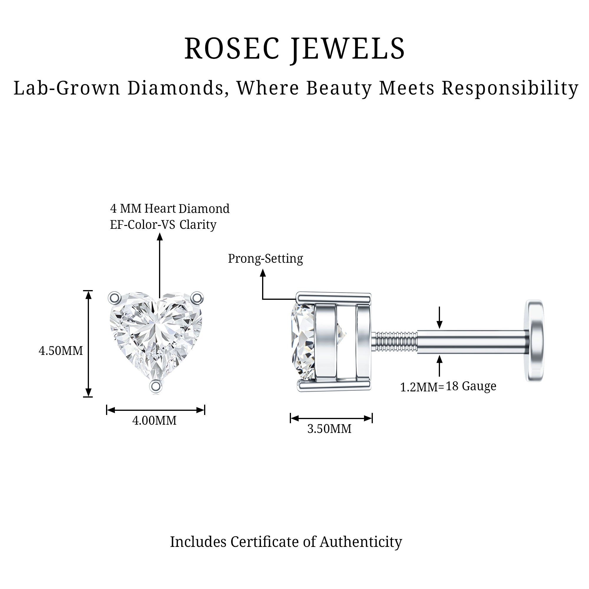 Solitaire Diamond Heart Earring with Flat Back Lab - ( EF-VS ) - Rosec Jewels