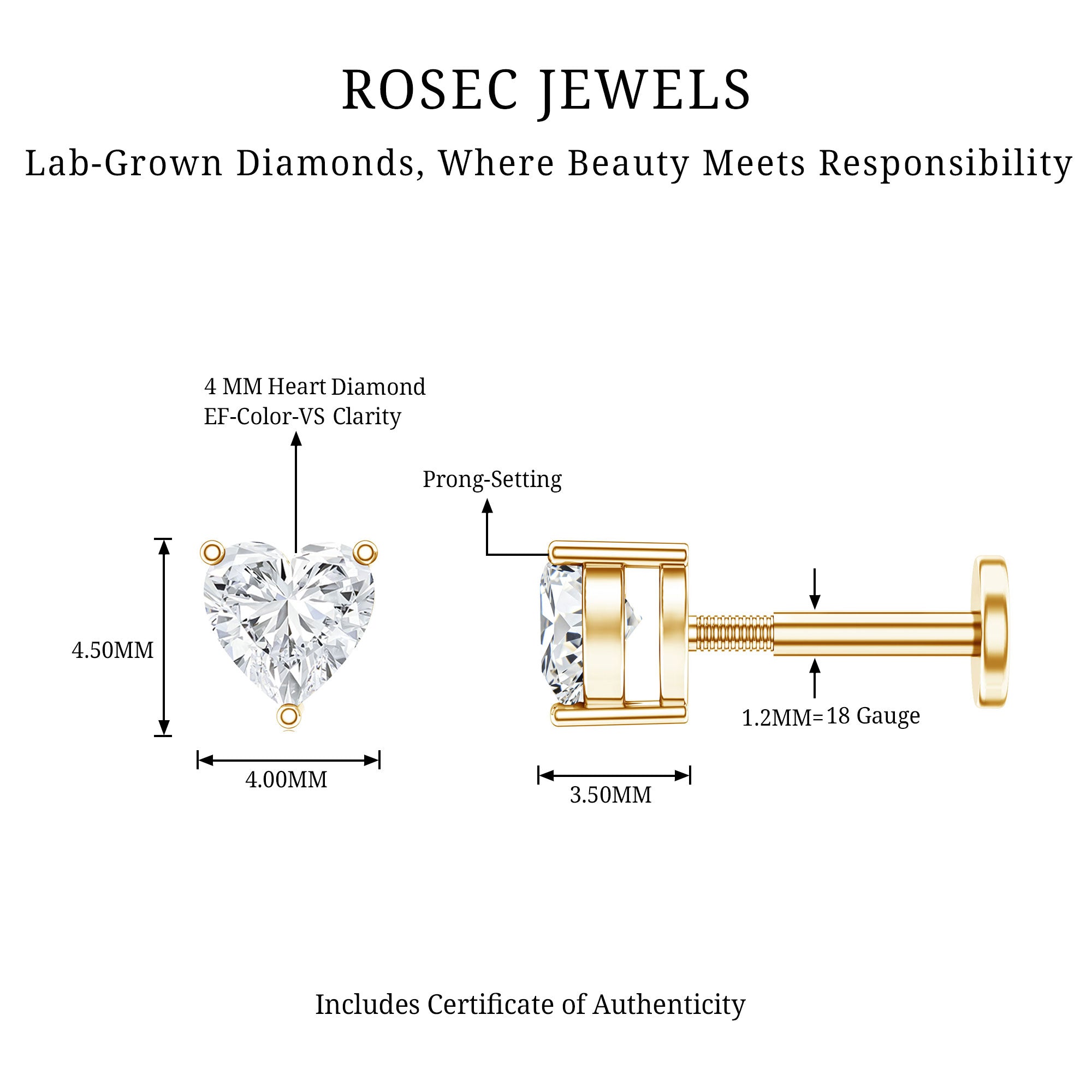 Solitaire Diamond Heart Earring with Flat Back Lab - ( EF-VS ) - Rosec Jewels