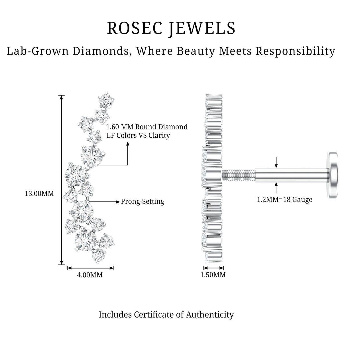 Diamond Cluster Crawler Earring for Helix Piercing Lab - ( EF-VS ) - Rosec Jewels